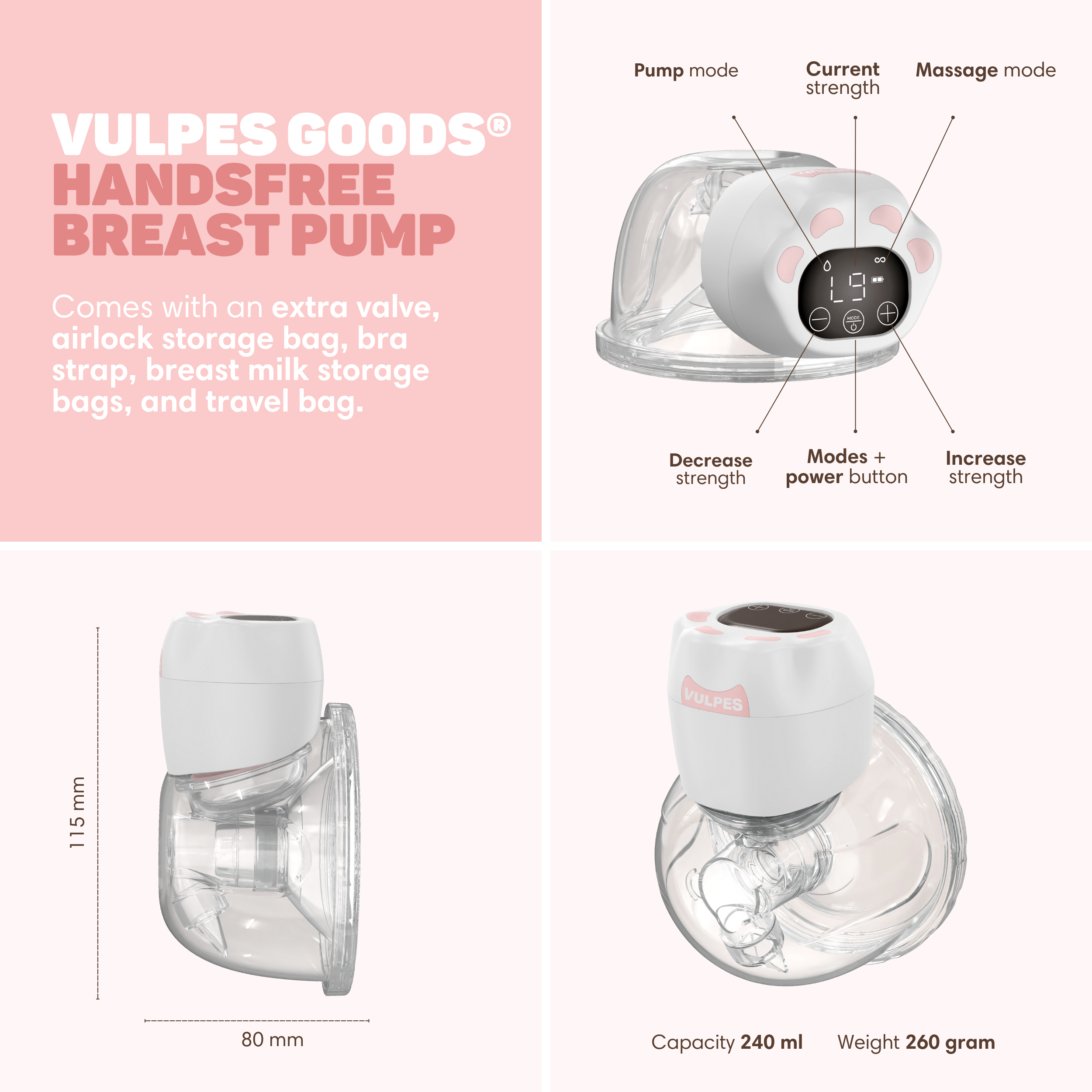 Een handsfree borstkolf getoond met bedieningselementen, afmetingen en accessoires.