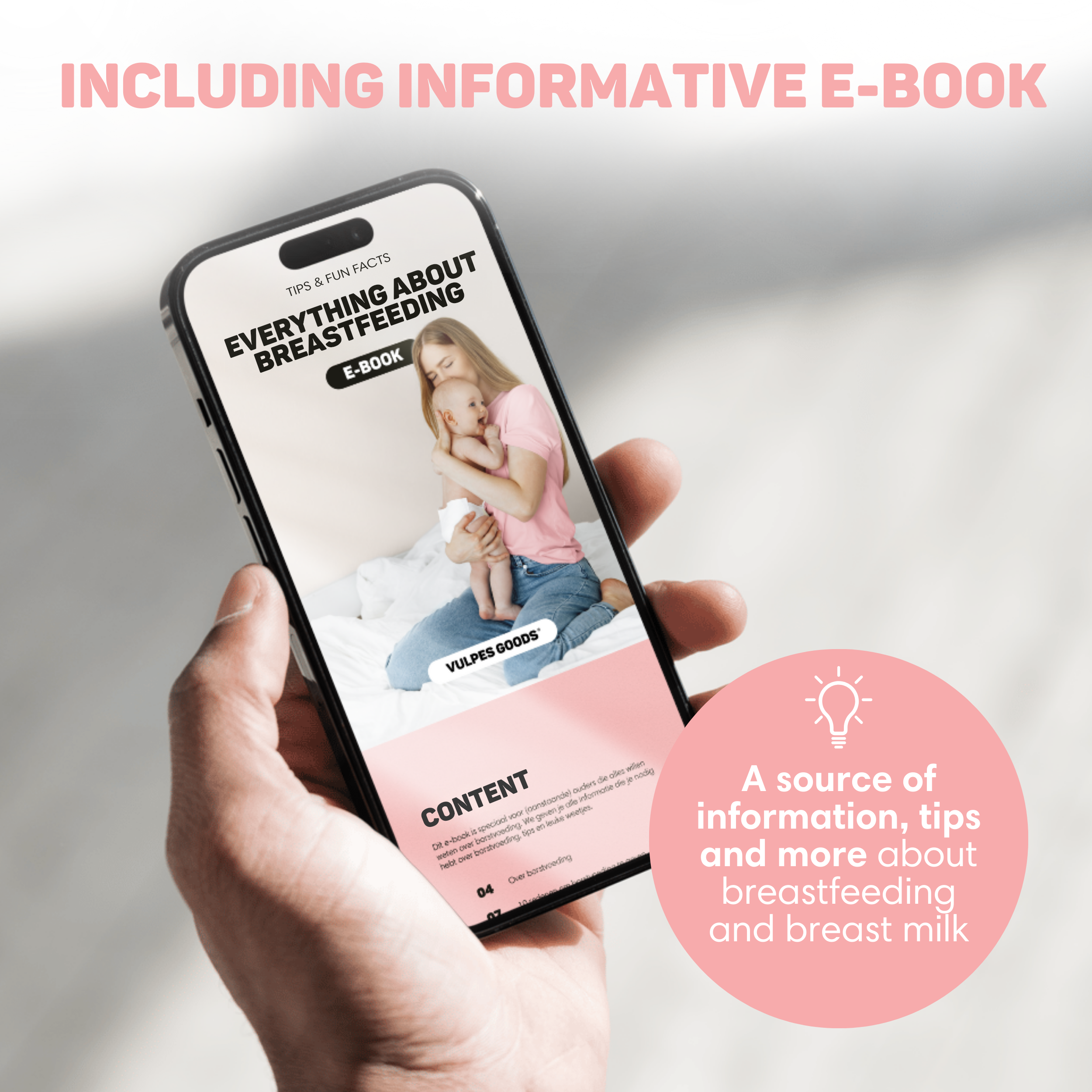 Ein Handy zeigt ein E-Book über Stillen. Eine Frau hält ein Baby.