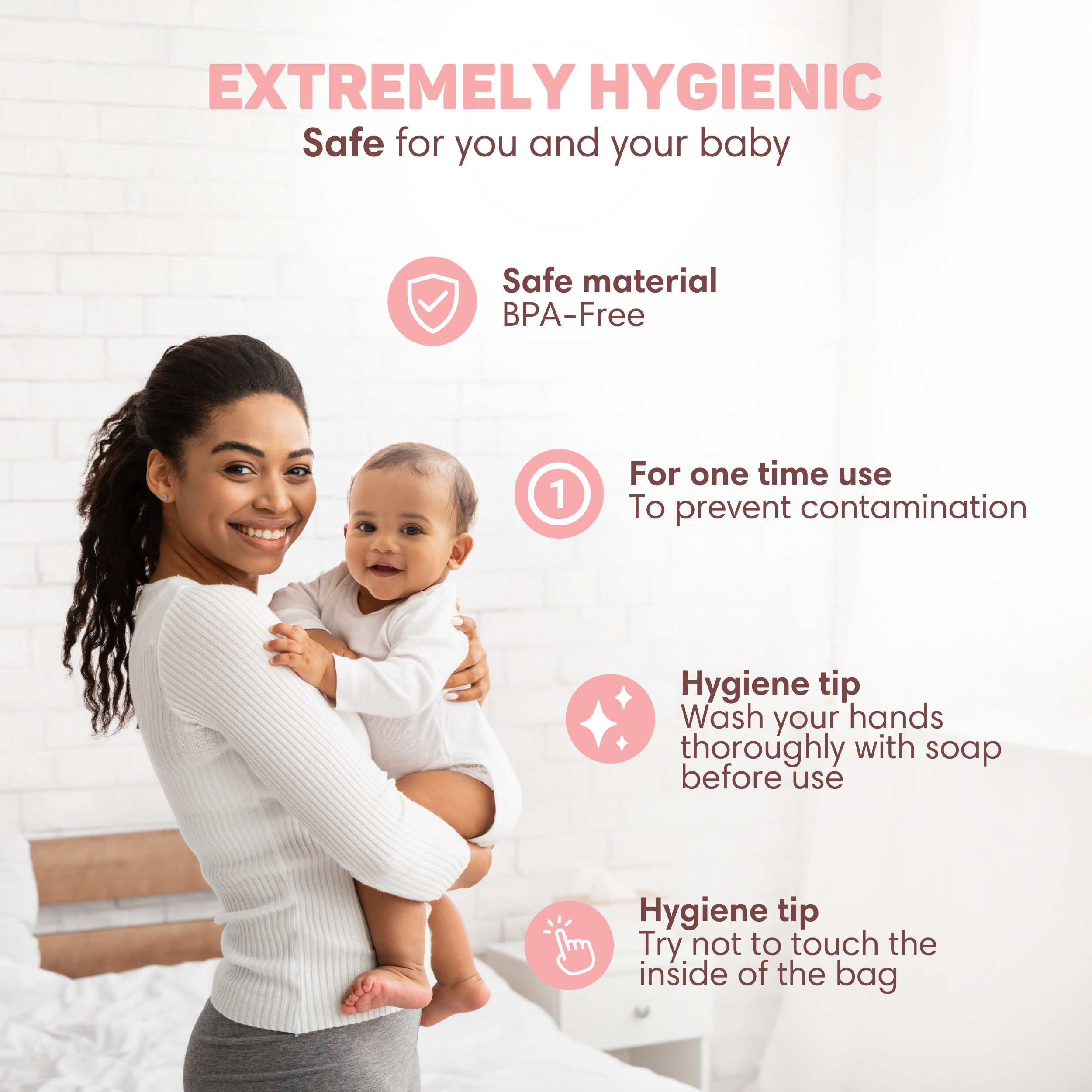 Frau hält Baby. Text: Extrem hygienisch, sicher für Sie und Ihr Baby.
