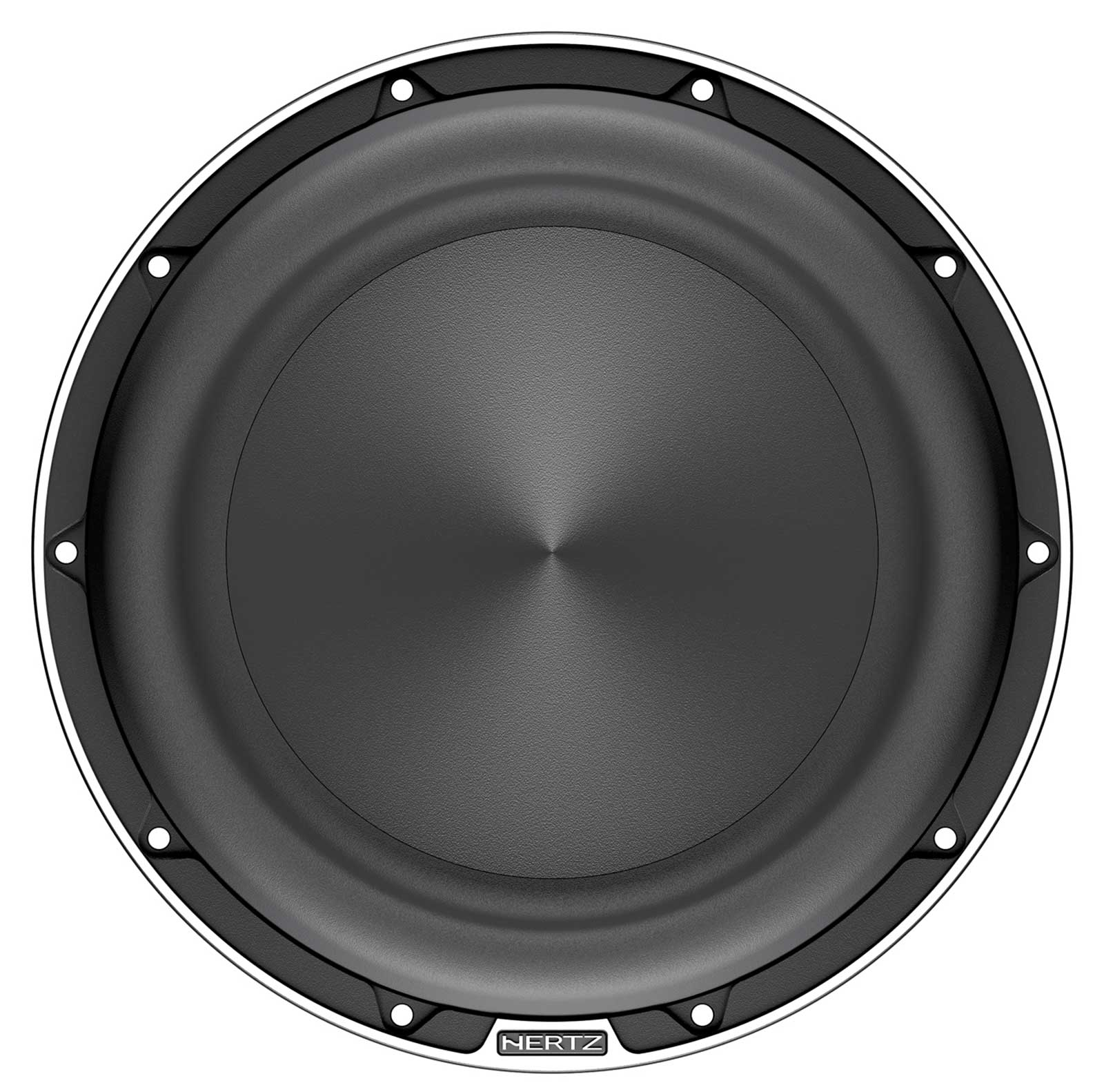 Schwarzer Subwoofer mit konischem Zentrum und silbernem Rand.