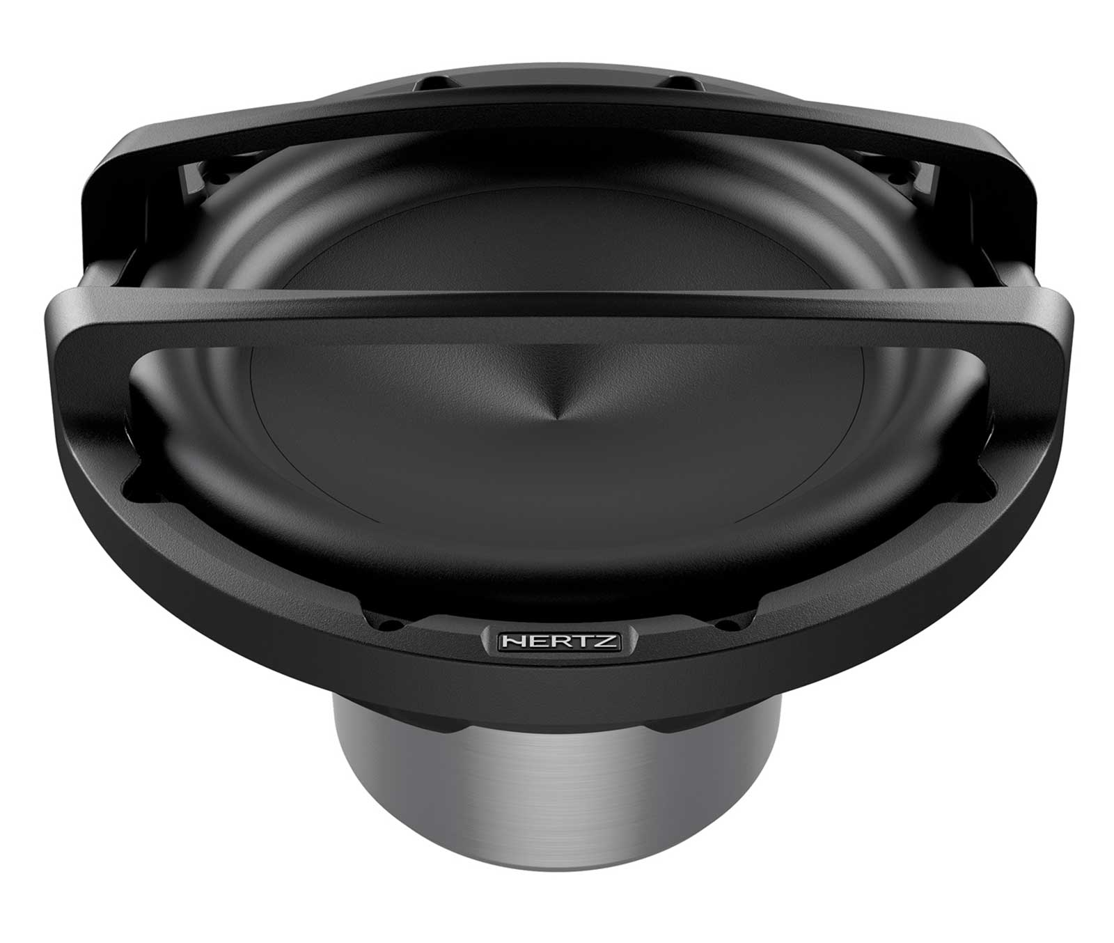 Schwarzer Subwoofer mit silbernem Korb und schwarzem Schutzgitter.