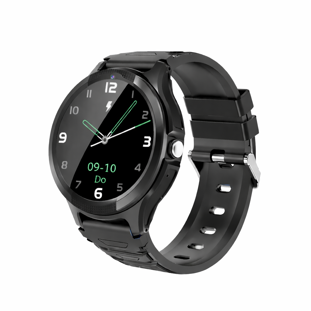 Schwarze Smartwatch mit rundem Zifferblatt und schwarzem Armband.