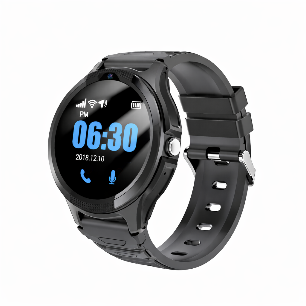 Schwarze Smartwatch mit rundem Zifferblatt, das 06:30 anzeigt.