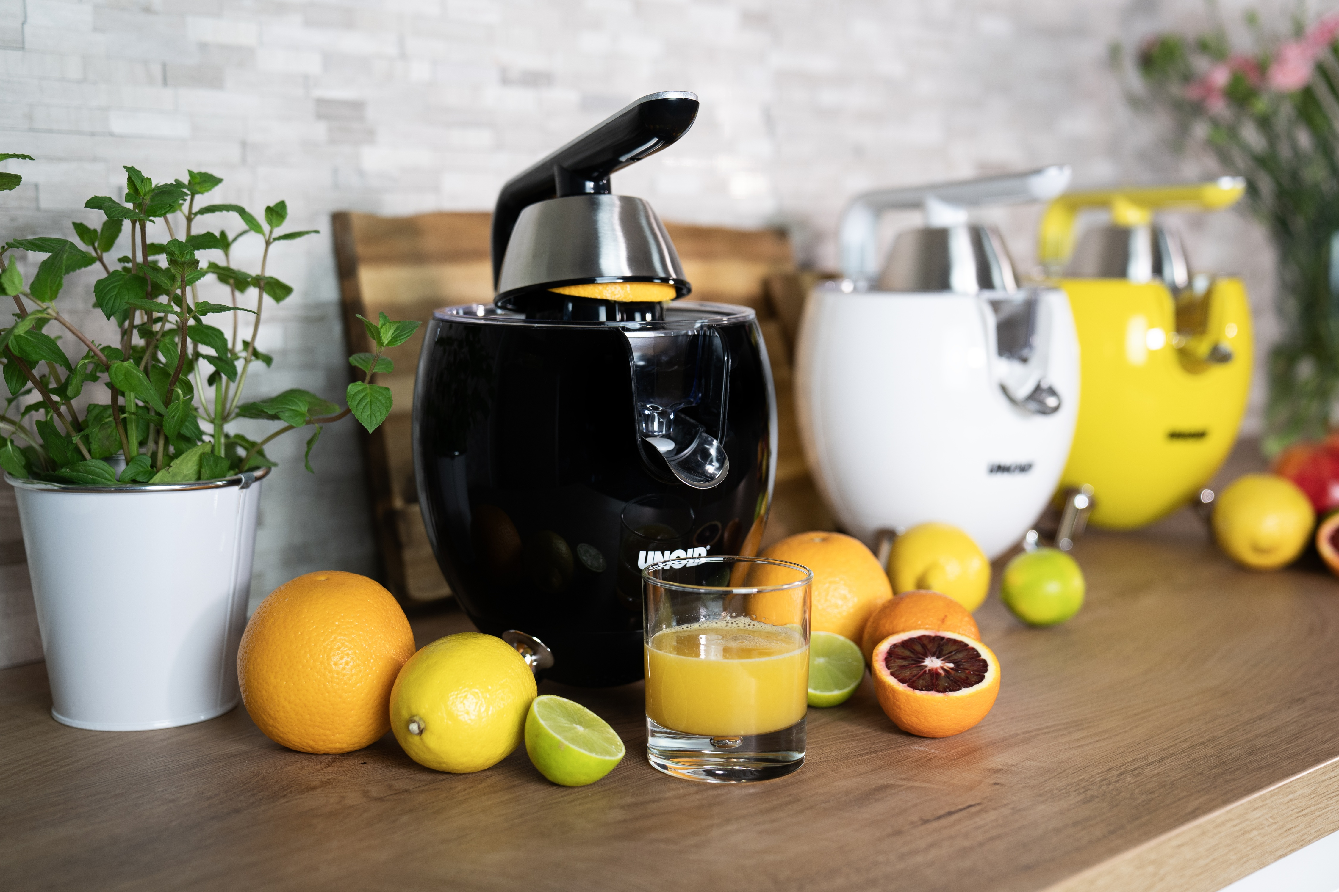 Ein schwarzer Entsafter mit Orangen, Zitronen und Limetten auf einem Holztisch.