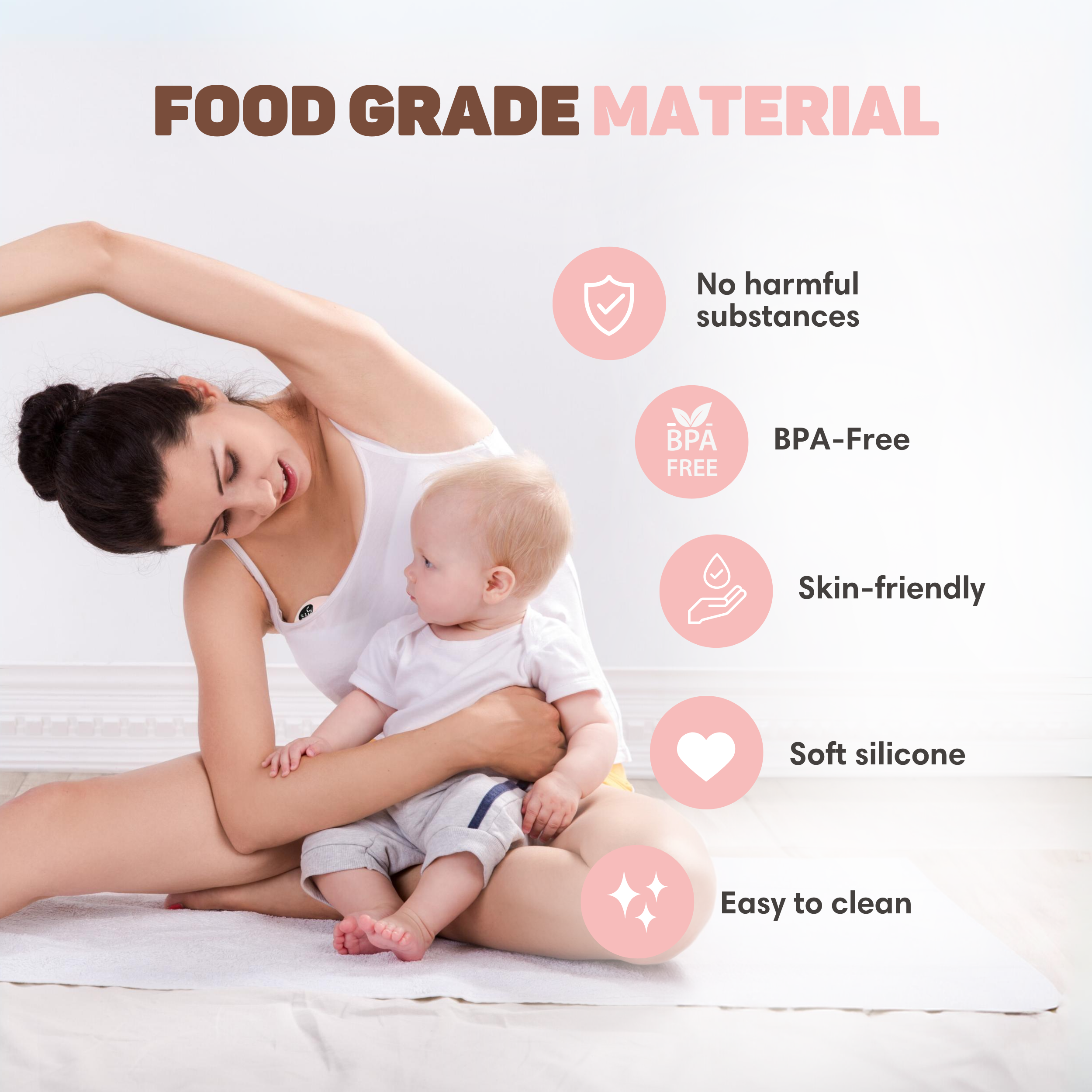 Vrouw met baby die zich uitrekt op een mat van voedselveilig materiaal.