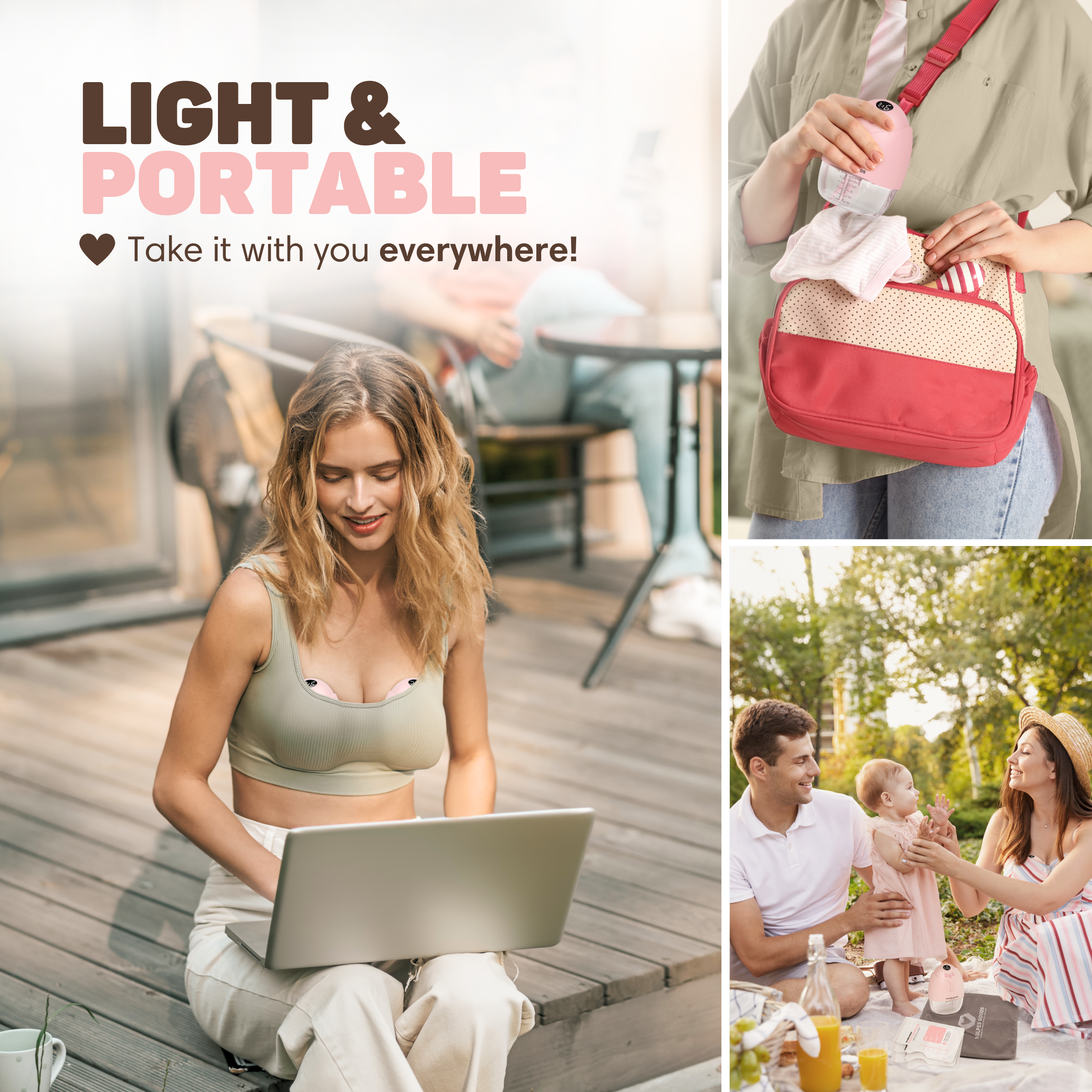 Een vrouw zit met laptop, persoon met tas, gezin op picknick.