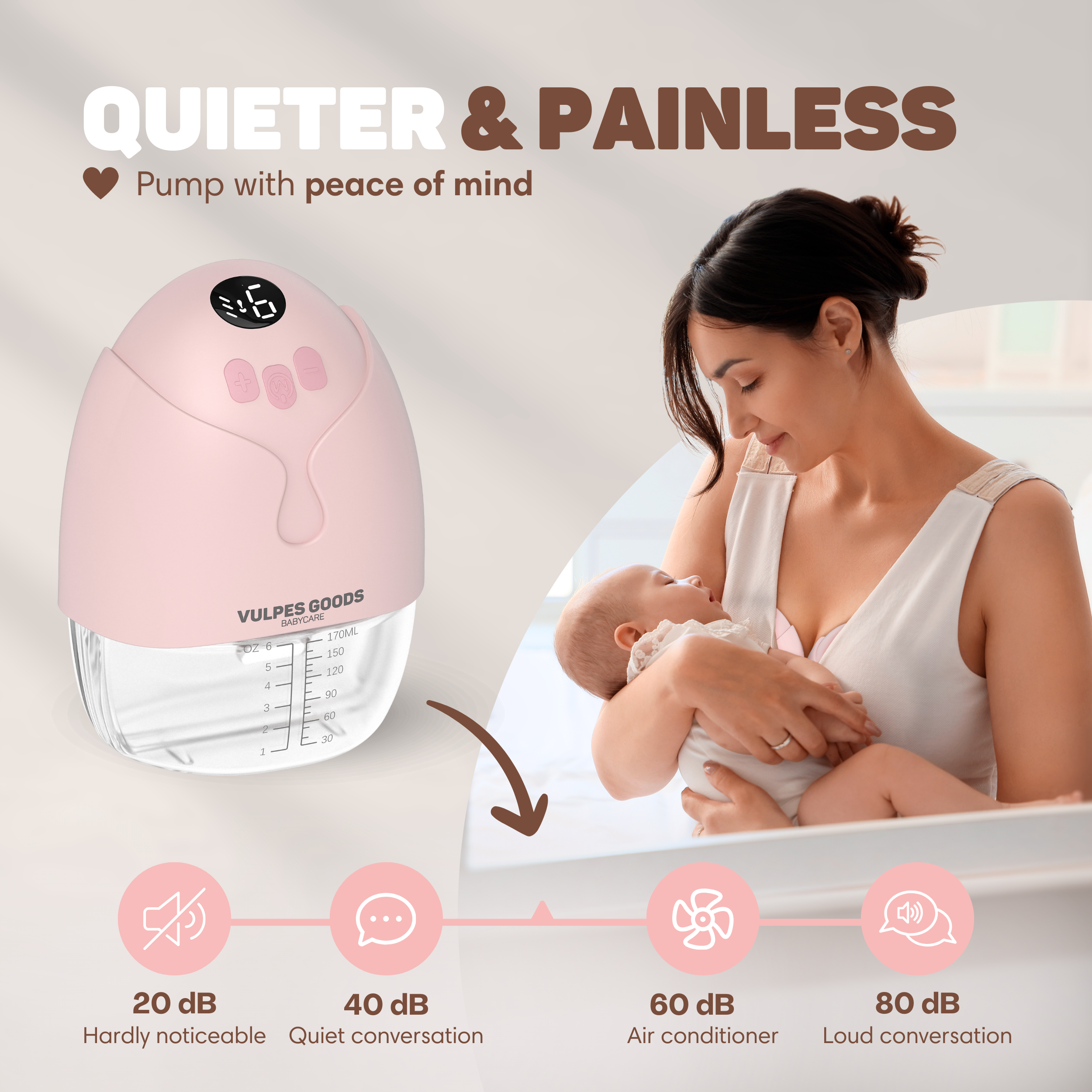 Een vrouw die een baby voedt. Daarnaast een roze borstkolf en geluidsniveaus.