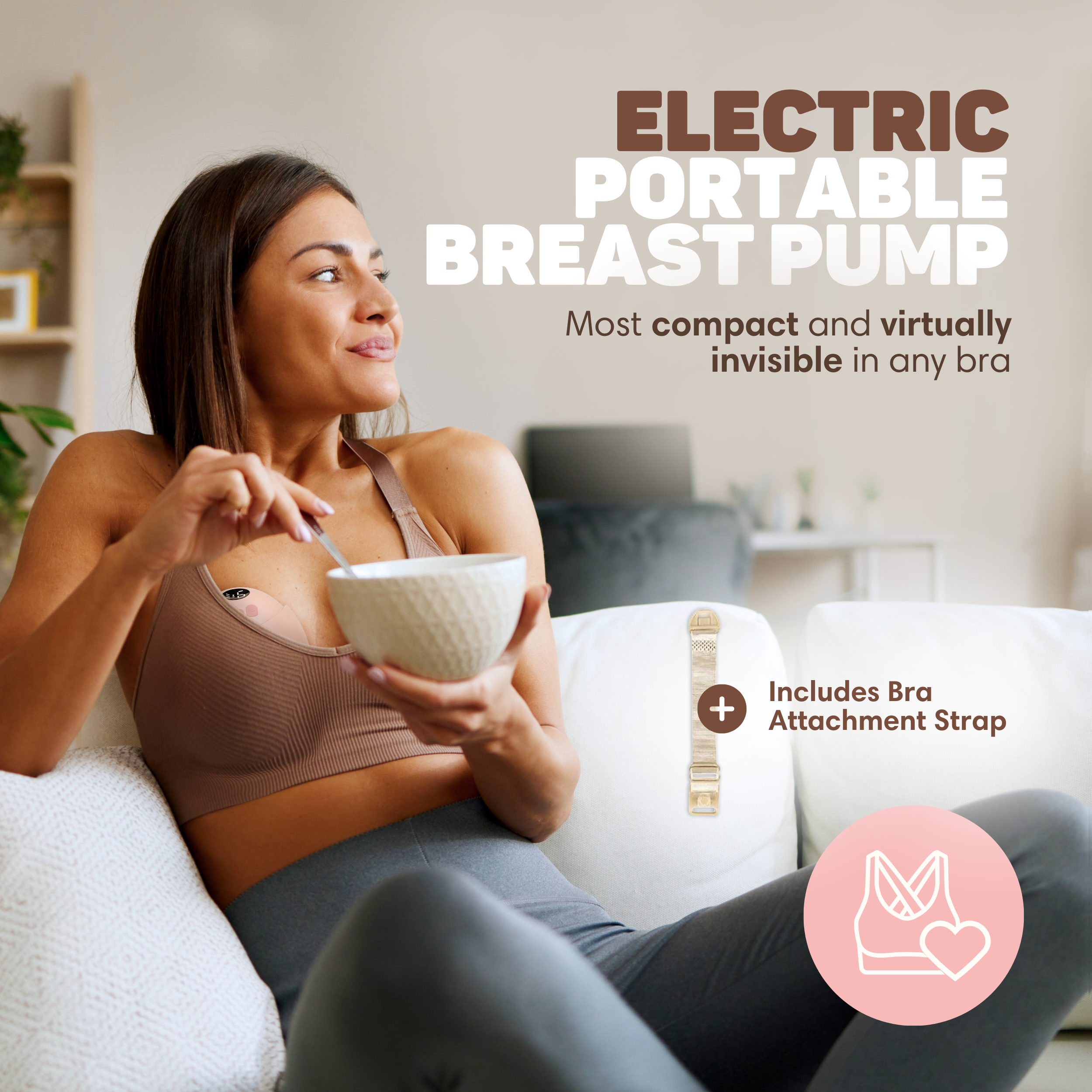 Vrouw eet uit kom, draagt bh met draagbare borstkolf. "Electric Portable Breast Pump".
