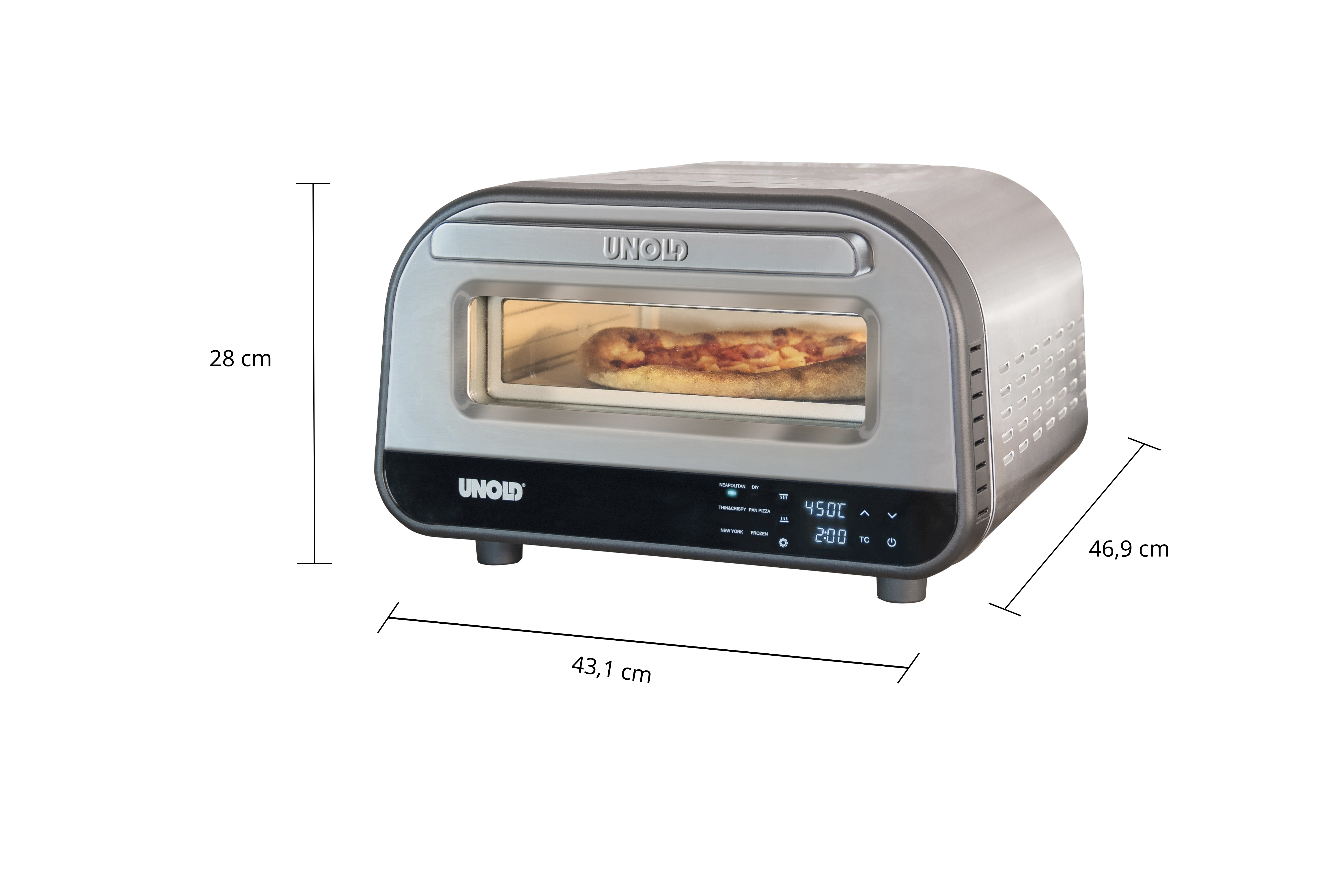 Ein Unold Pizzaofen mit einem Pizza im Inneren. Maße: 28x43,1x46,9 cm.