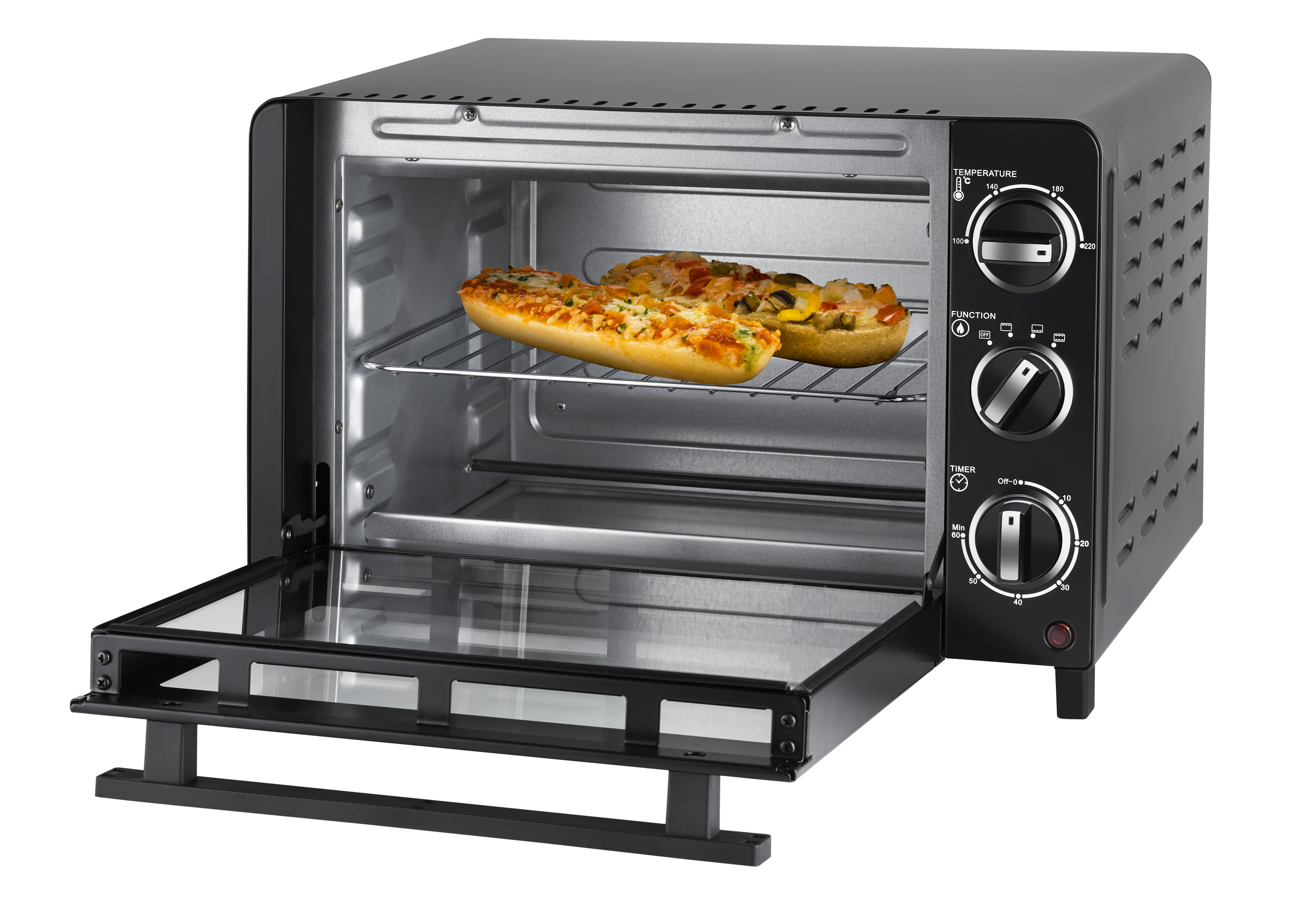 Un tostapane nero con la porta aperta, che mostra due baguette condite sulla griglia.