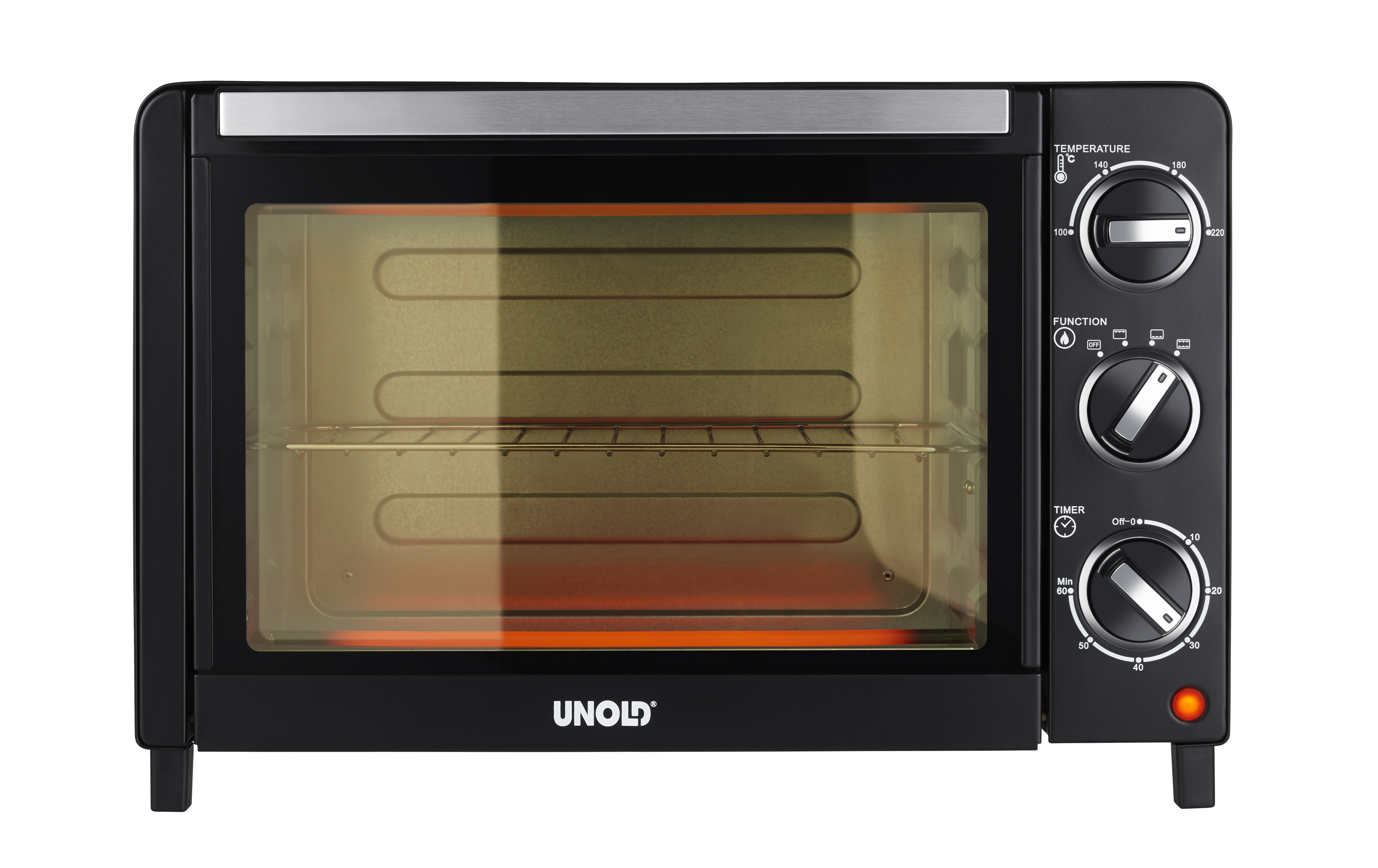 Forno nero da banco con porta in vetro, controlli di temperatura e timer.