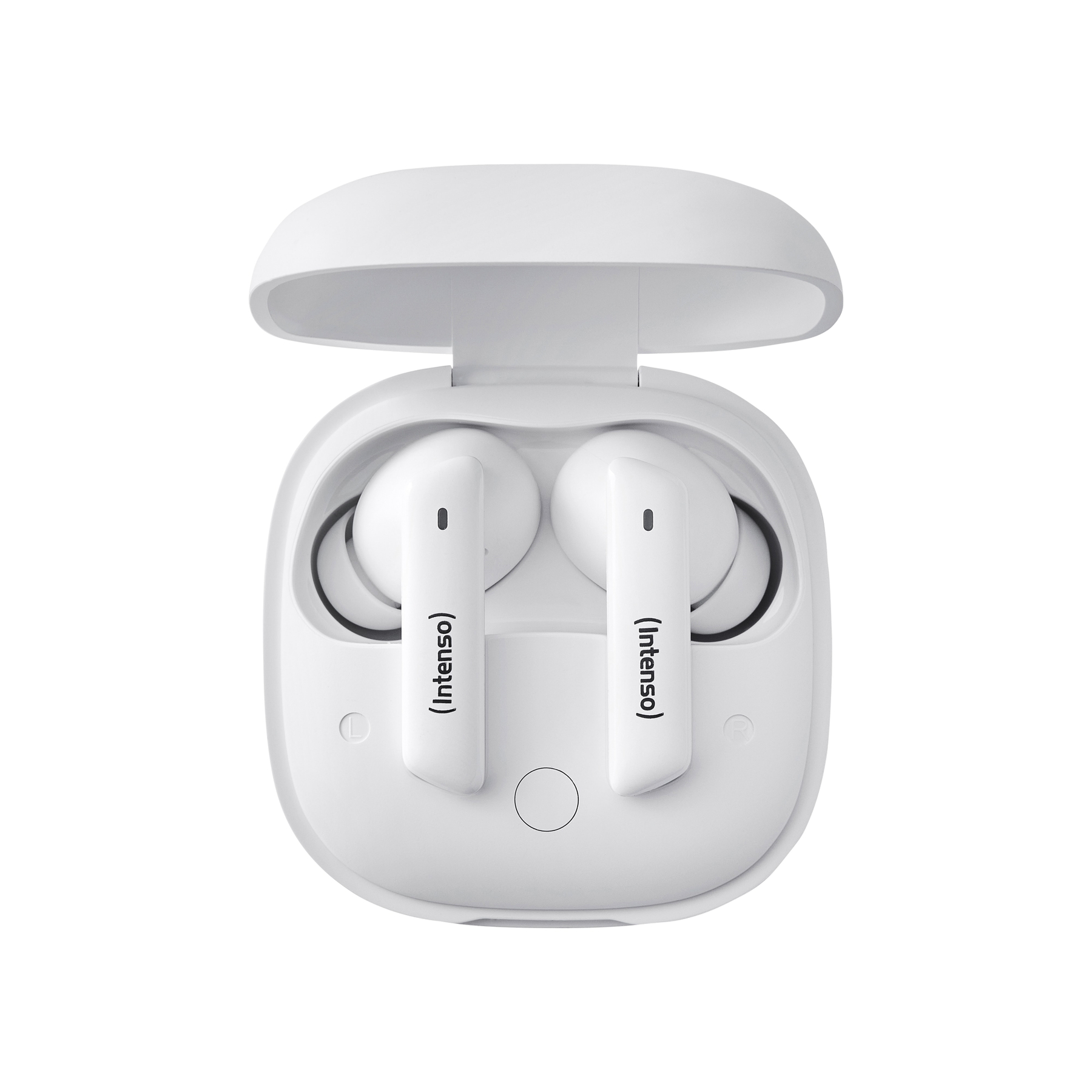 Écouteurs blancs intra-auriculaires avec étui de chargement. Texte : (Intenso).