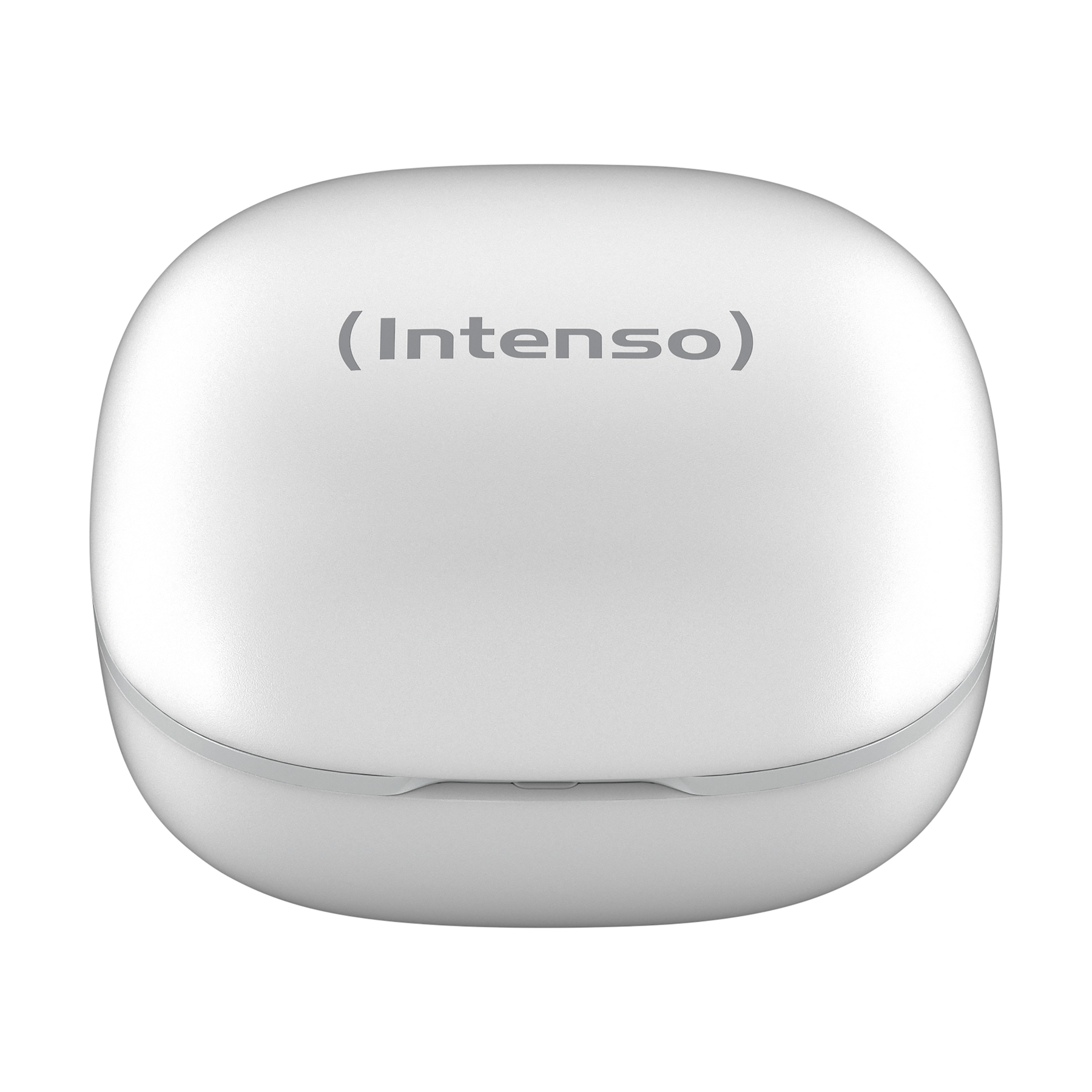 Un étui de chargement blanc avec le logo gris (Intenso).