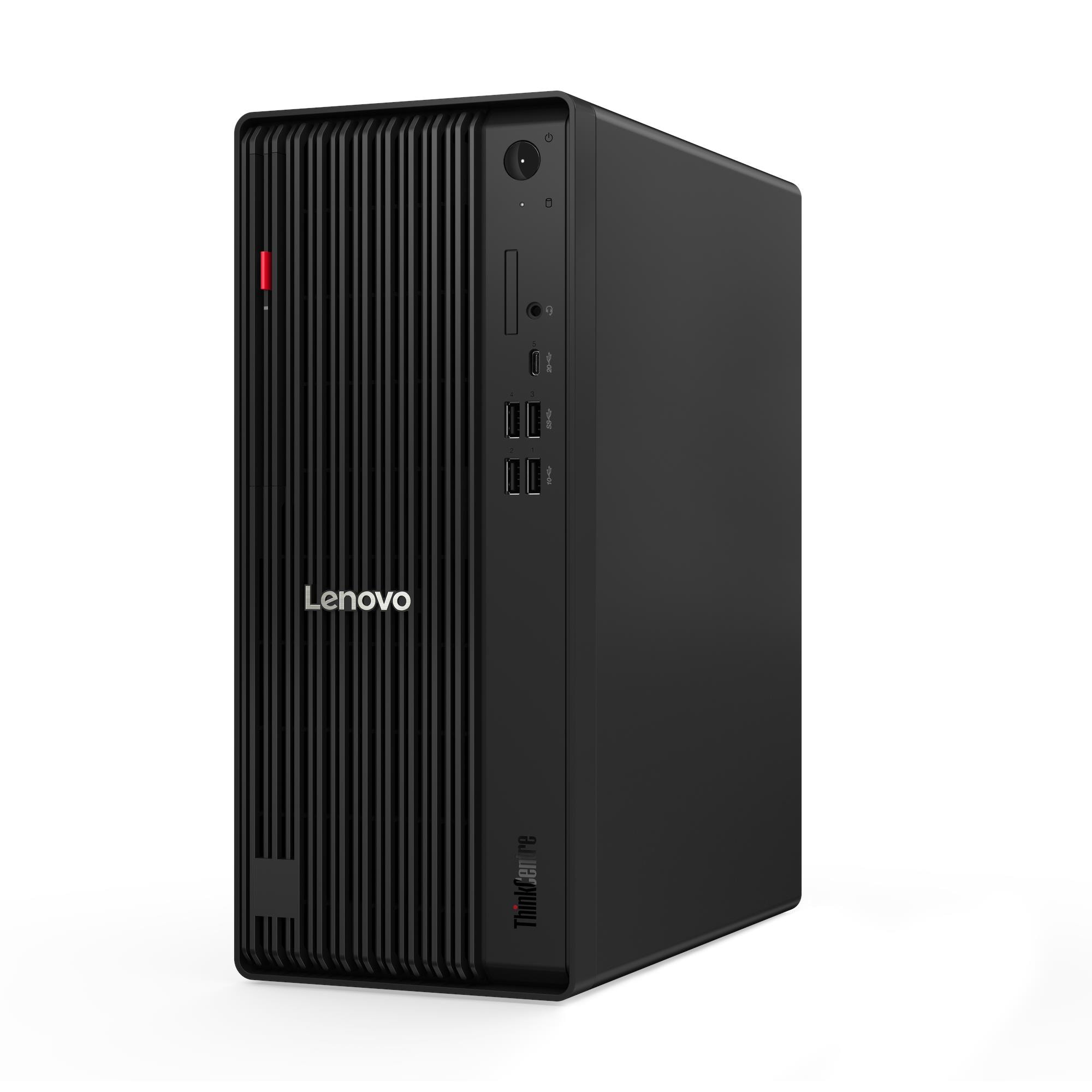 PC Lenovo ThinkCentre nero con scanalature verticali e porte.