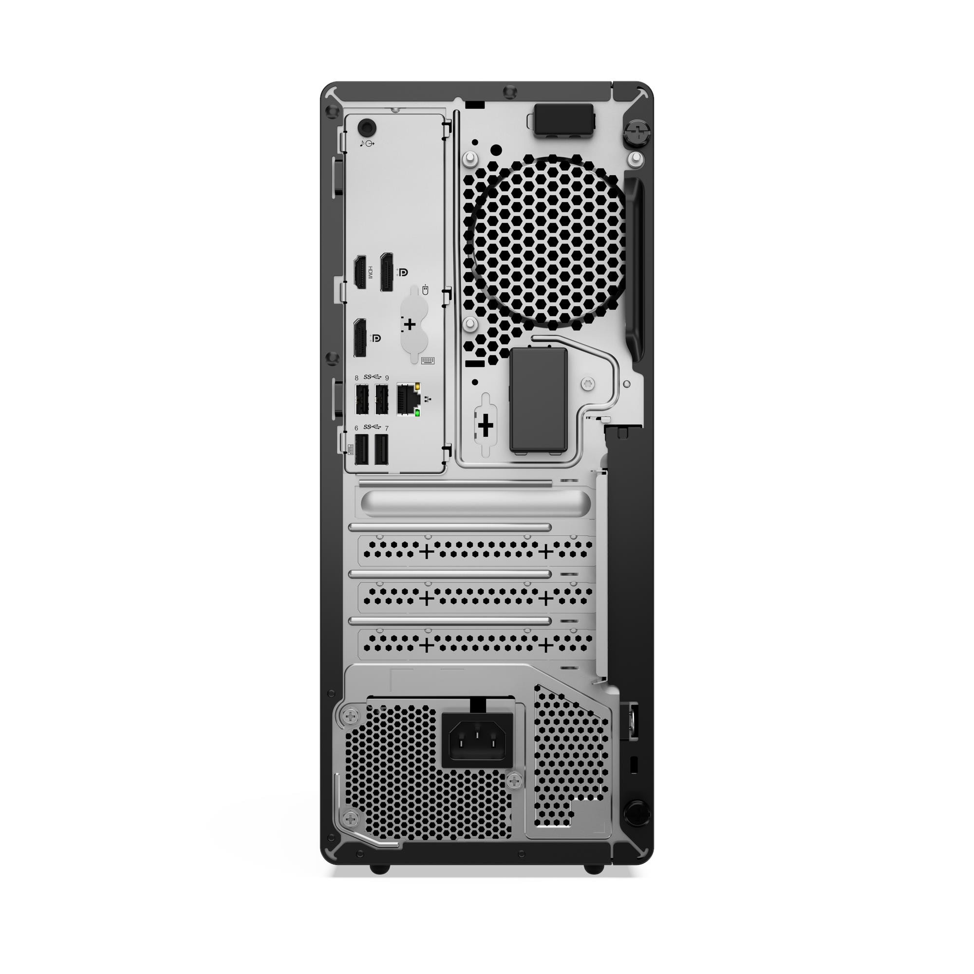 Retro di un PC con porte: HDMI, USB e ingresso di alimentazione.
