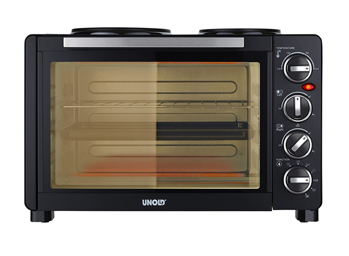 Forno da tavolo nero con porta in vetro, due piastre e manopole di controllo.