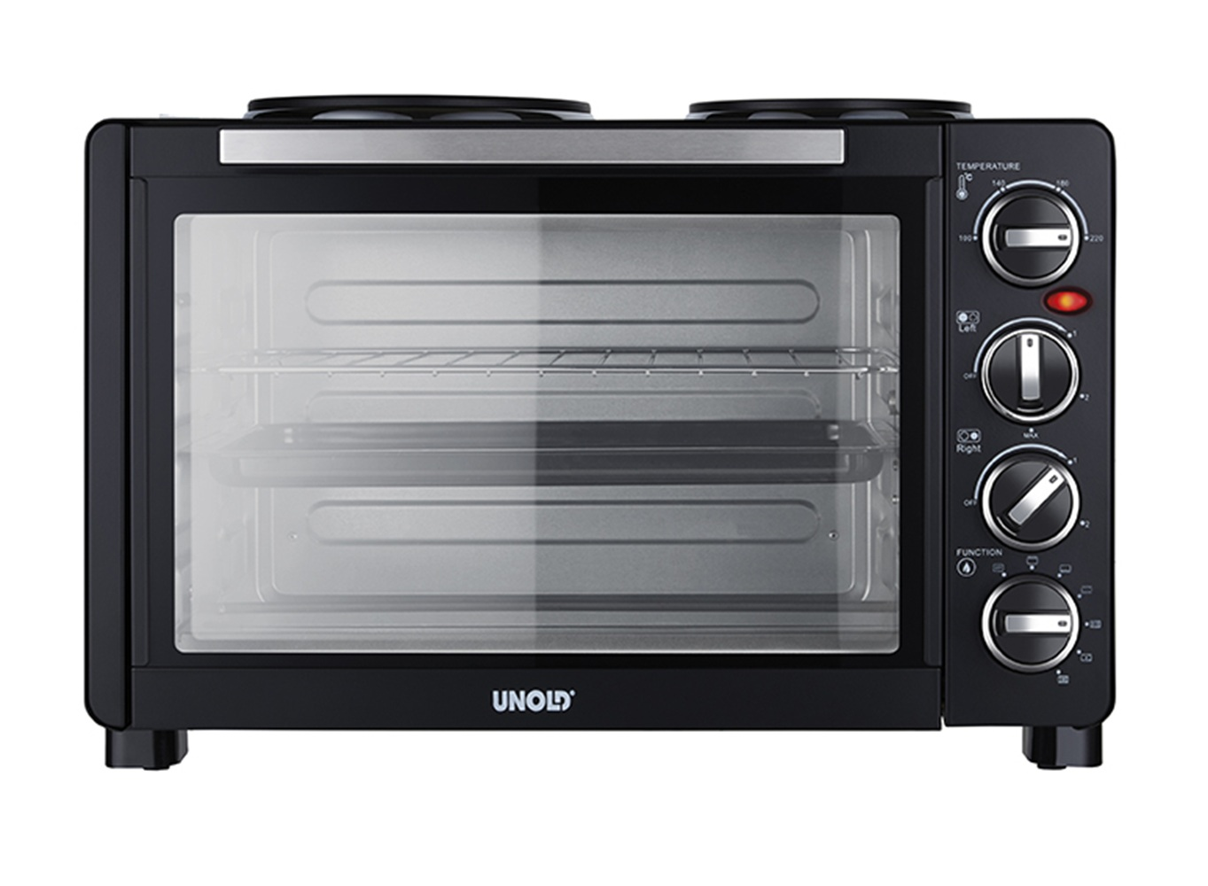 Un mini forno nero con porta in vetro, due piastre riscaldanti e manopole.
