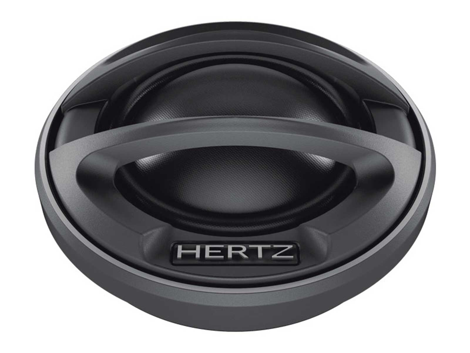 Schwarzer Lautsprecher mit silbernem Rand und HERTZ-Logo.