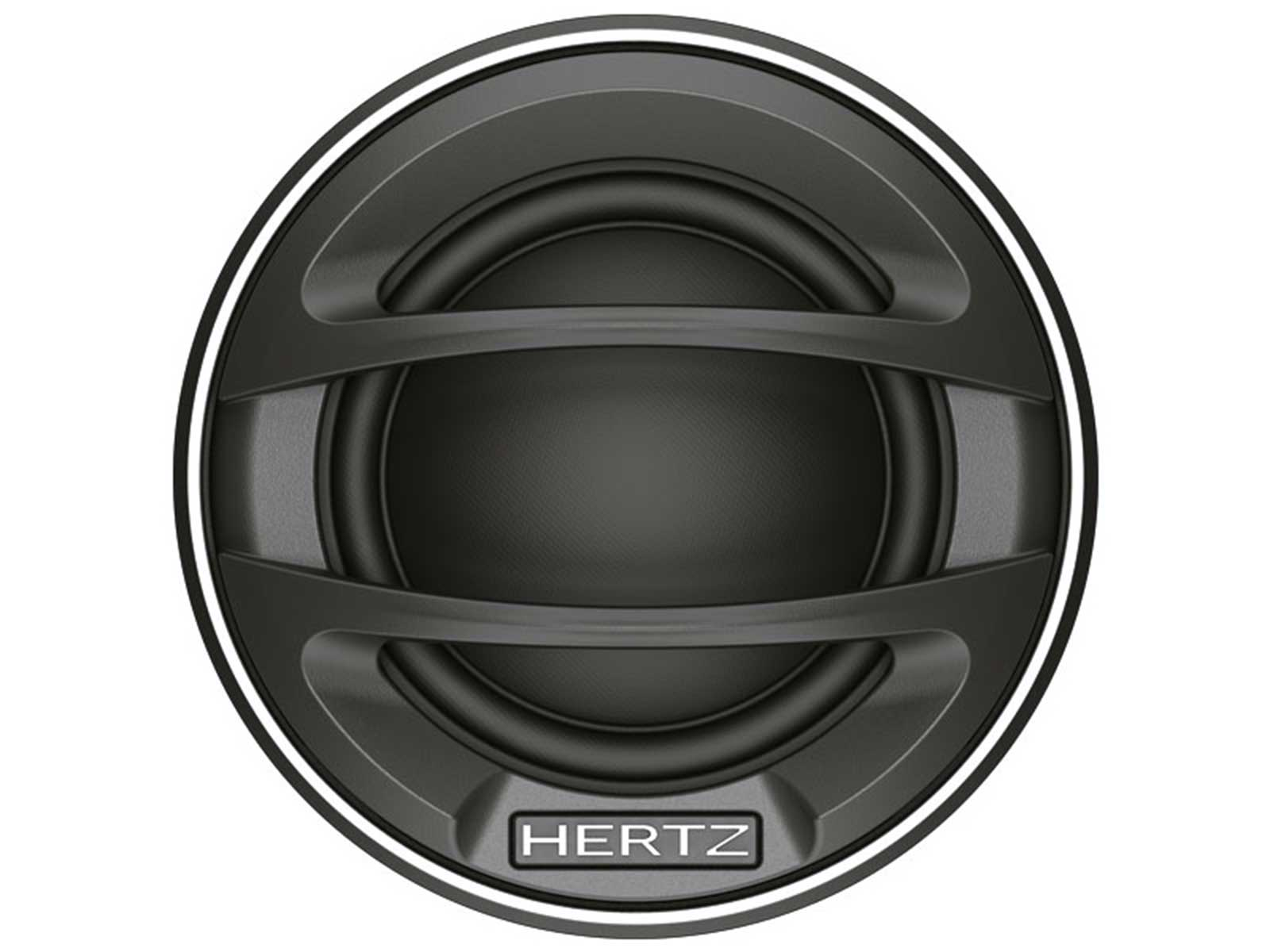 Ein runder schwarzer Lautsprecher mit silbernen Akzenten und dem Hertz-Logo.