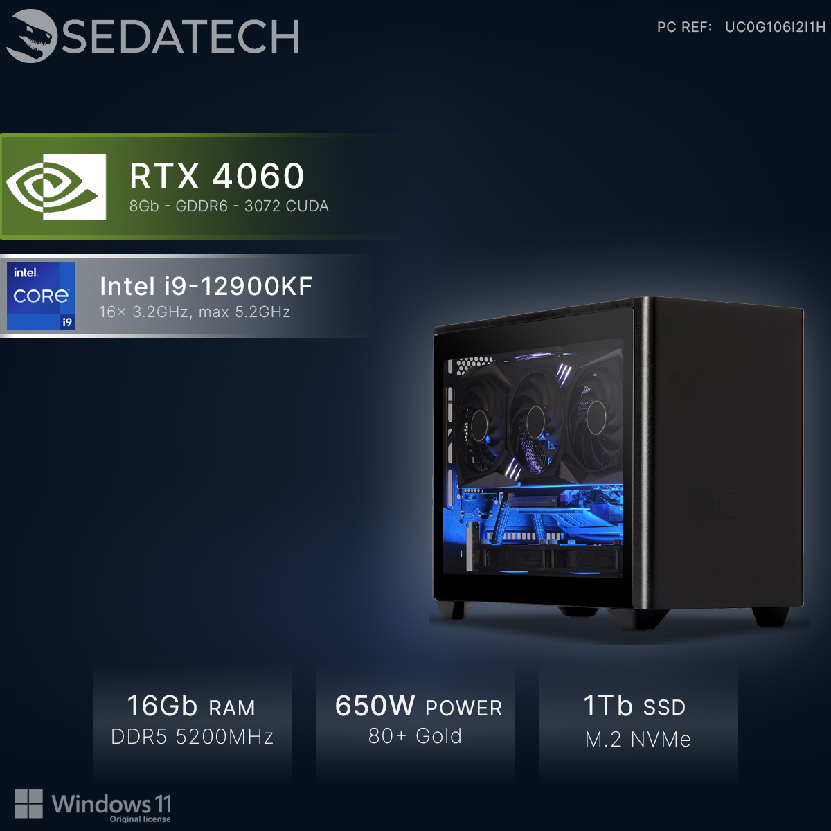 Czarny PC z RTX 4060, Intel i9, 16GB RAM, zasilacz 650W i dysk SSD 1TB.