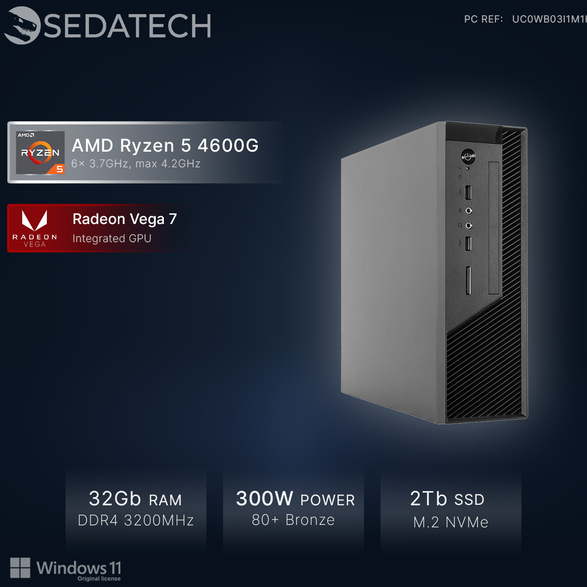 Ein grauer PC mit AMD Ryzen 5 4600G, Radeon Vega 7, 32GB RAM, 300W Netzteil, 2TB SSD.