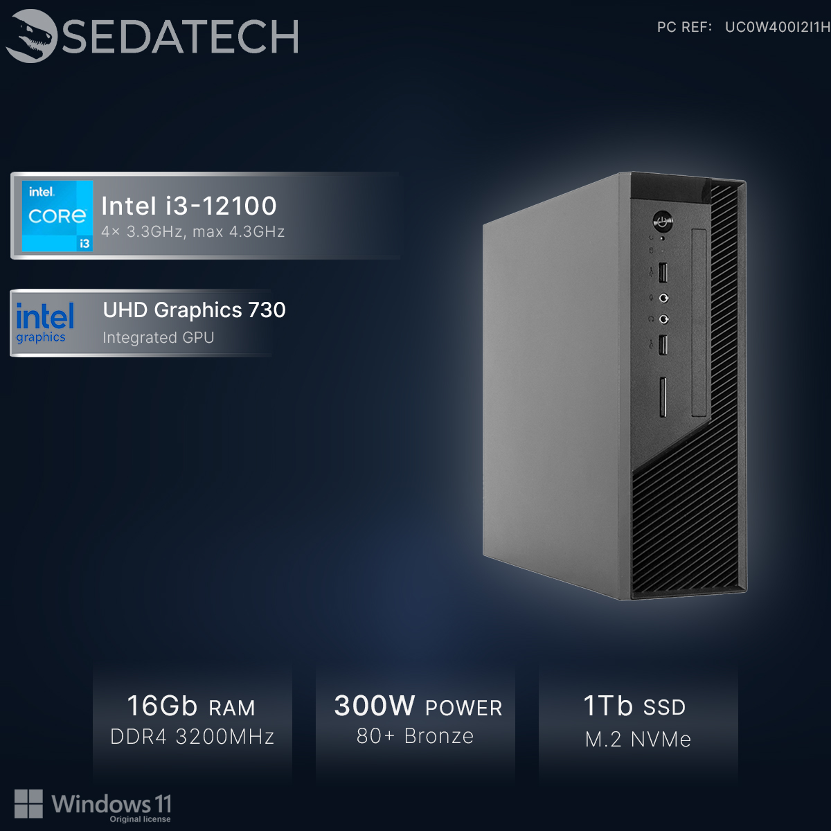 Ein grauer Desktop-PC mit Intel Core i3, 16GB RAM, 300W Netzteil und 1TB SSD.