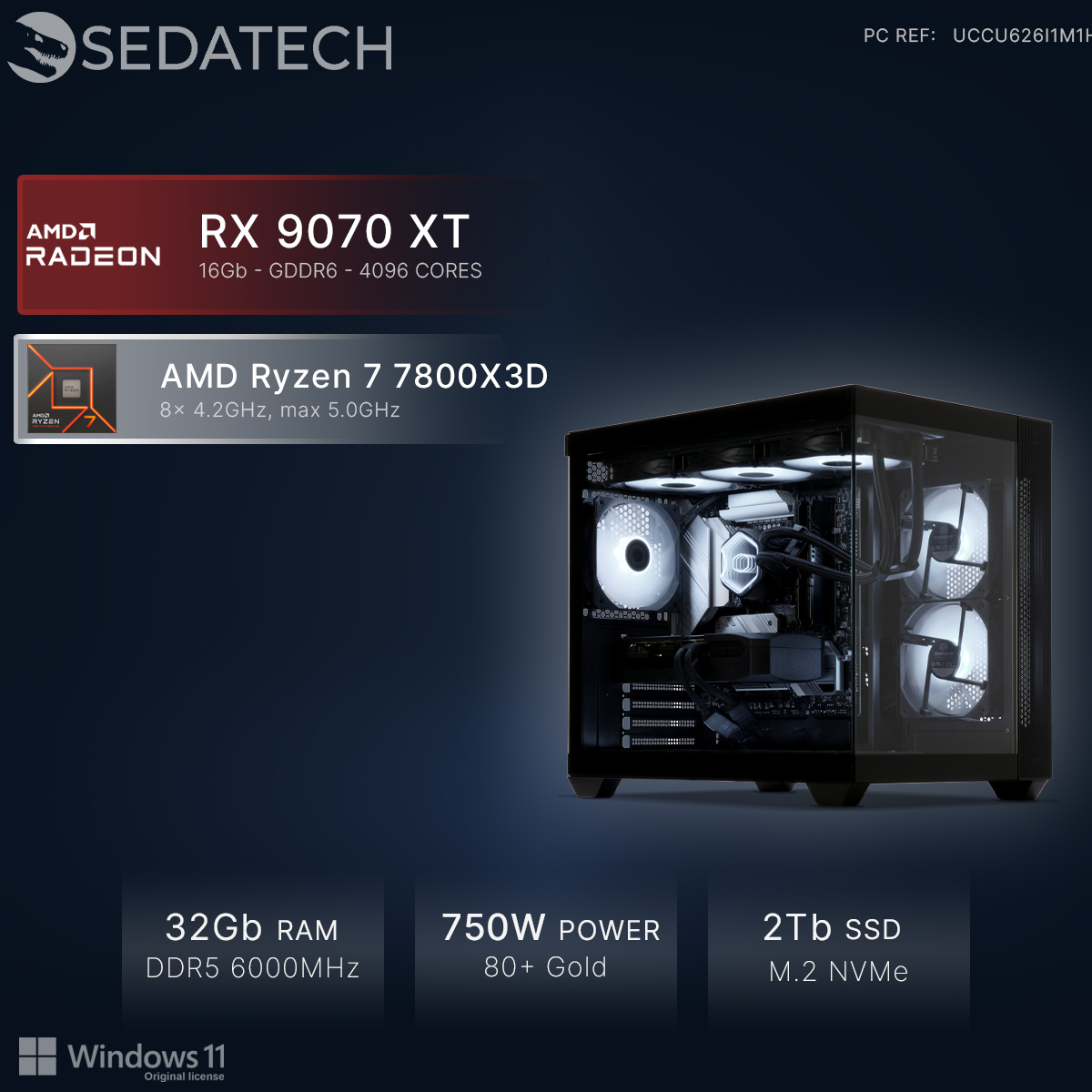 Un PC gaming moderno con CPU AMD Ryzen 7, GPU RX 9070 XT, 32GB RAM.