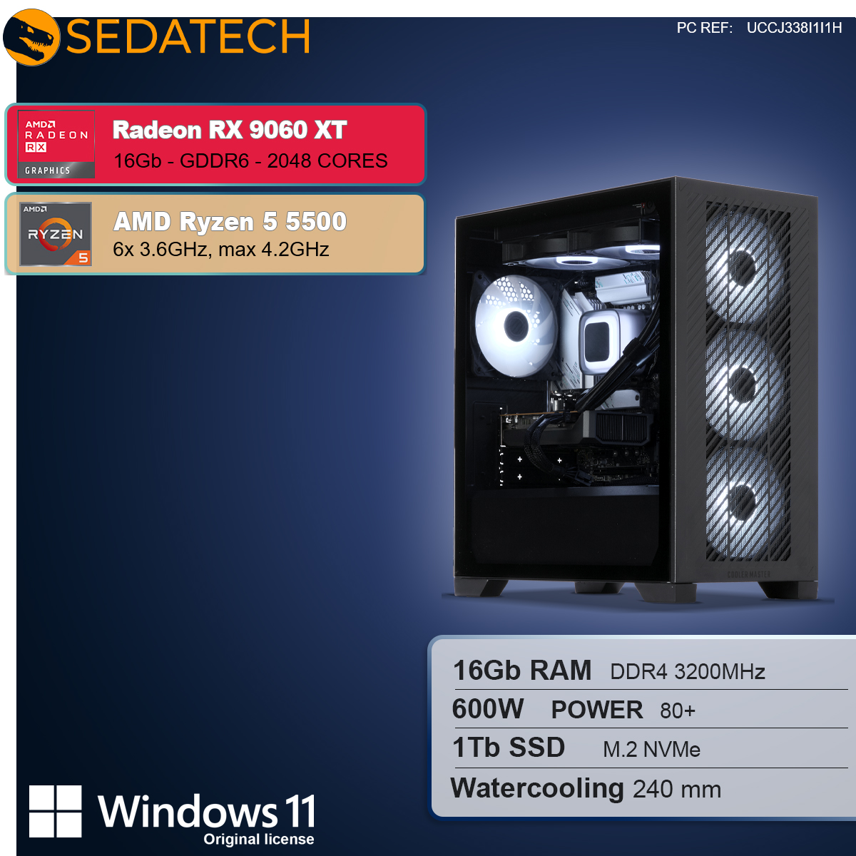 Ein PC mit AMD Radeon RX 6060 XT, Ryzen 5 5500, 16 GB RAM, 1 TB SSD & Wasserkühlung.