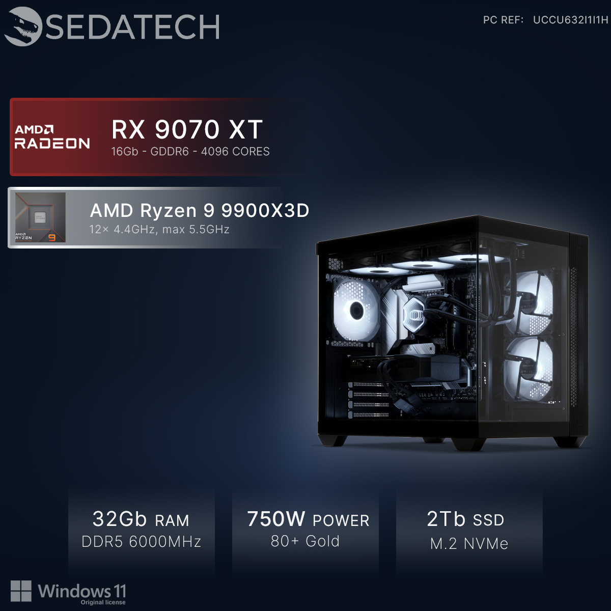 Potężny komputer z Ryzen 9 i RX 9070 XT, 32 GB RAM, zasilacz 750W.