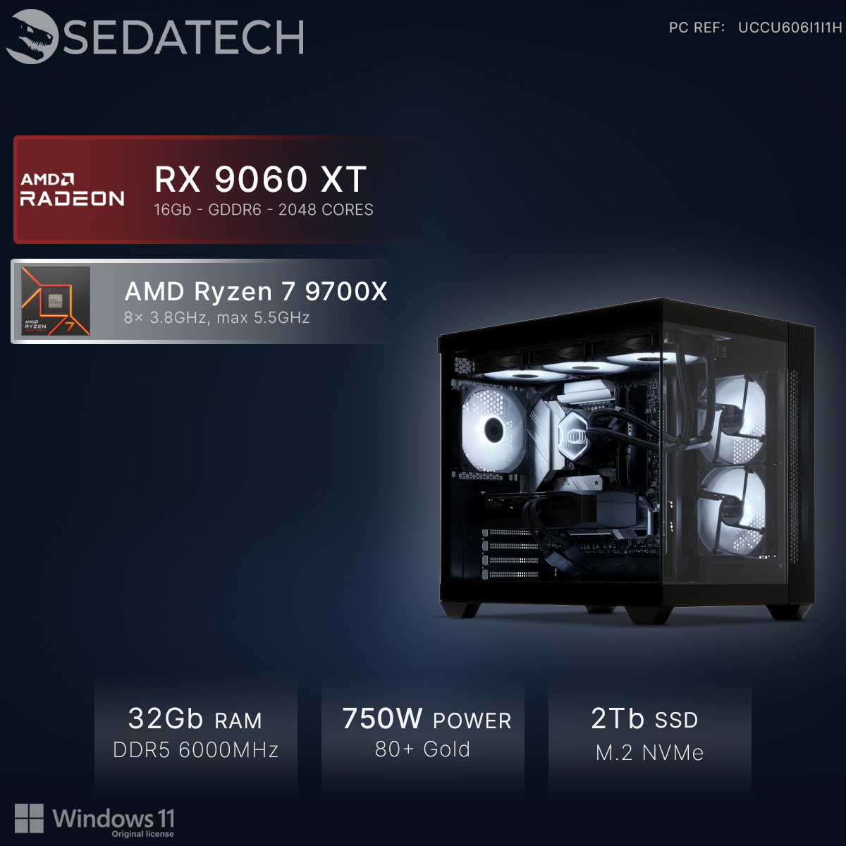 Komputer PC z AMD Ryzen 7 9700X, RX 9060 XT, 32GB RAM, 2TB SSD.