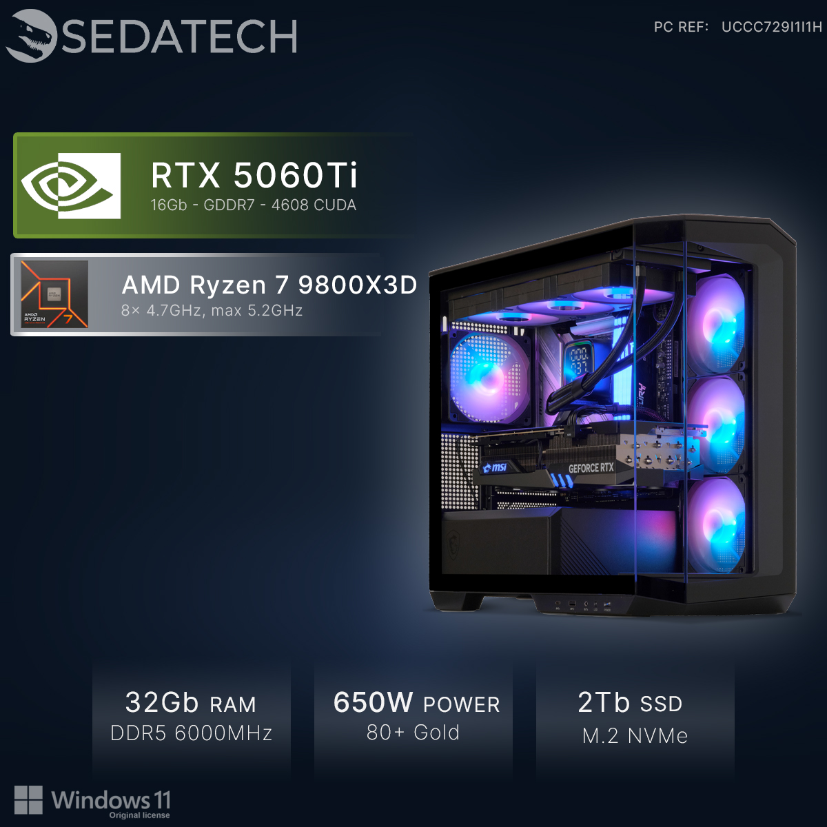 Ein Gaming-PC mit RGB-Lüftern, RTX 5060Ti, Ryzen 7 9800X3D, 32GB RAM, 650W.