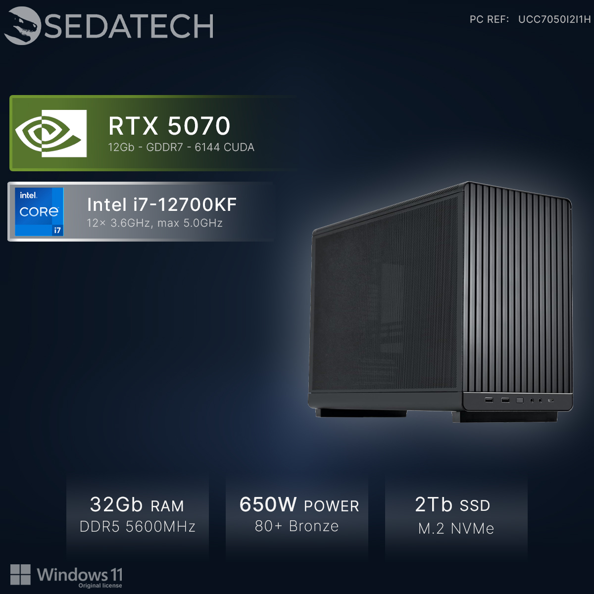 PC compatto con RTX 5070, Intel i7-12700KF, 32GB RAM, PSU 650W, SSD 2TB.