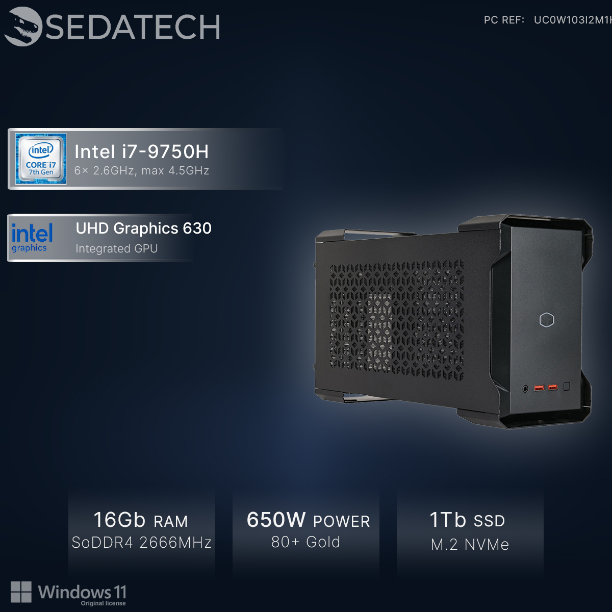 PC compatto con Intel i7, UHD 630, 16GB RAM, alimentatore 650W e SSD 1TB.