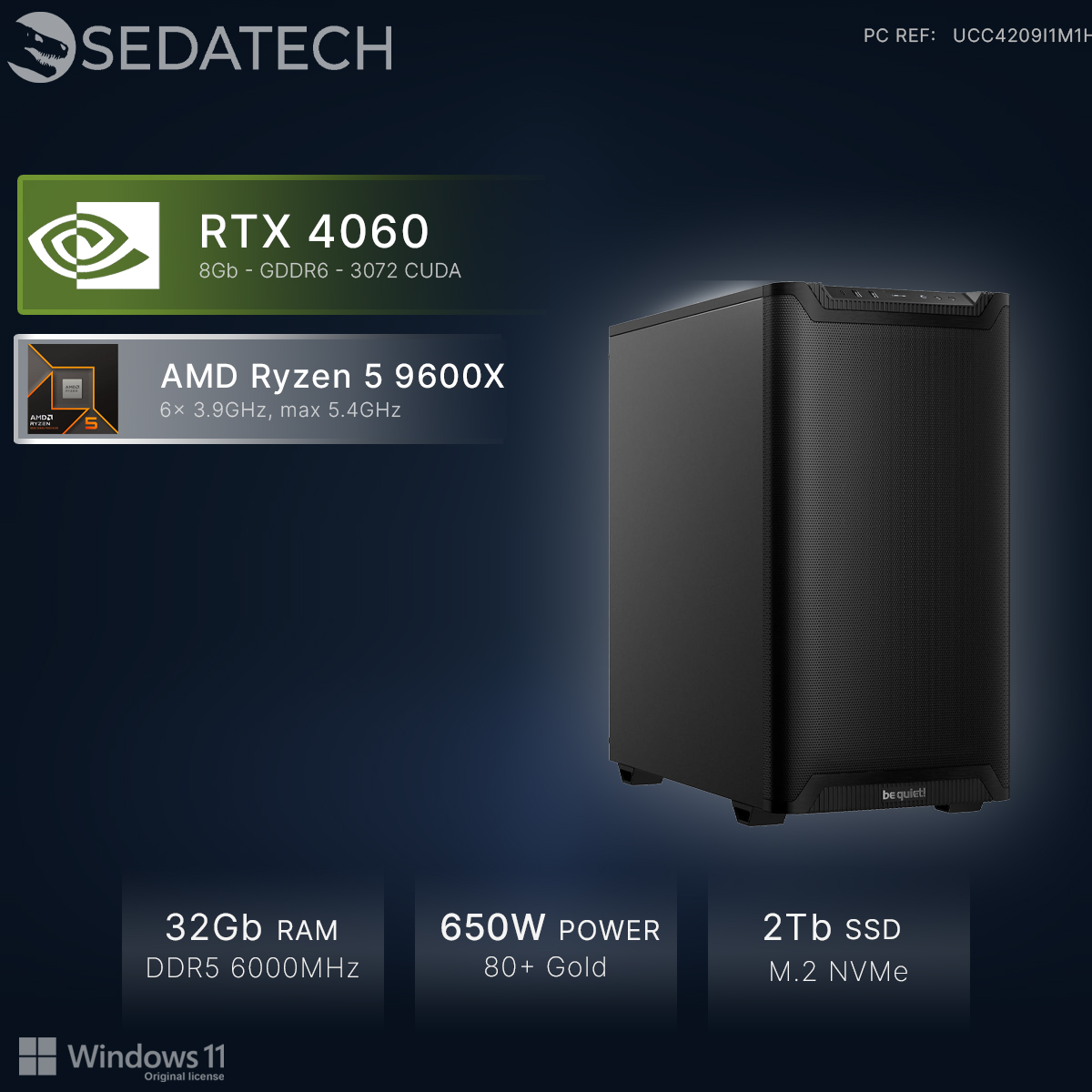 Ein schwarzer PC mit RTX 4060, Ryzen 5 9600X, 32 GB RAM, 650 W Netzteil, 2 TB SSD.