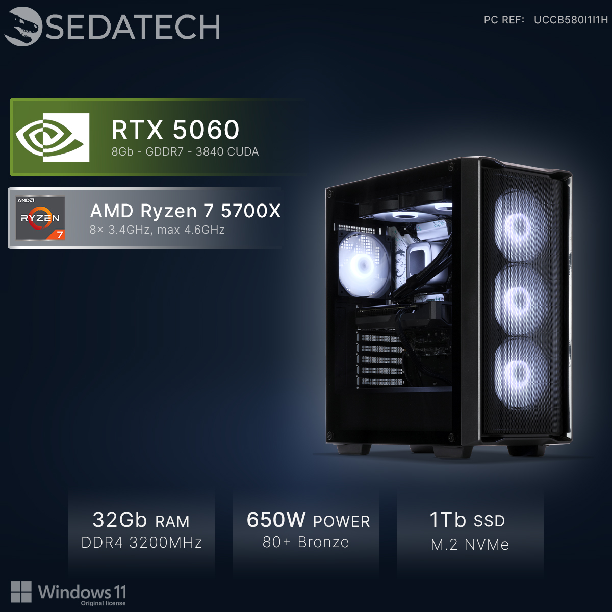 PC gamer avec RTX 5060, Ryzen 7 5700X, 32Go RAM, 650W, SSD 1To.