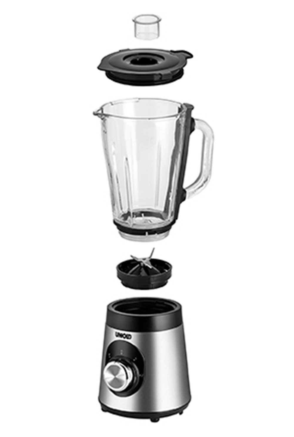 Explodierte Ansicht eines silbernen Mixers mit Glasbehälter, Deckel und Klingen.