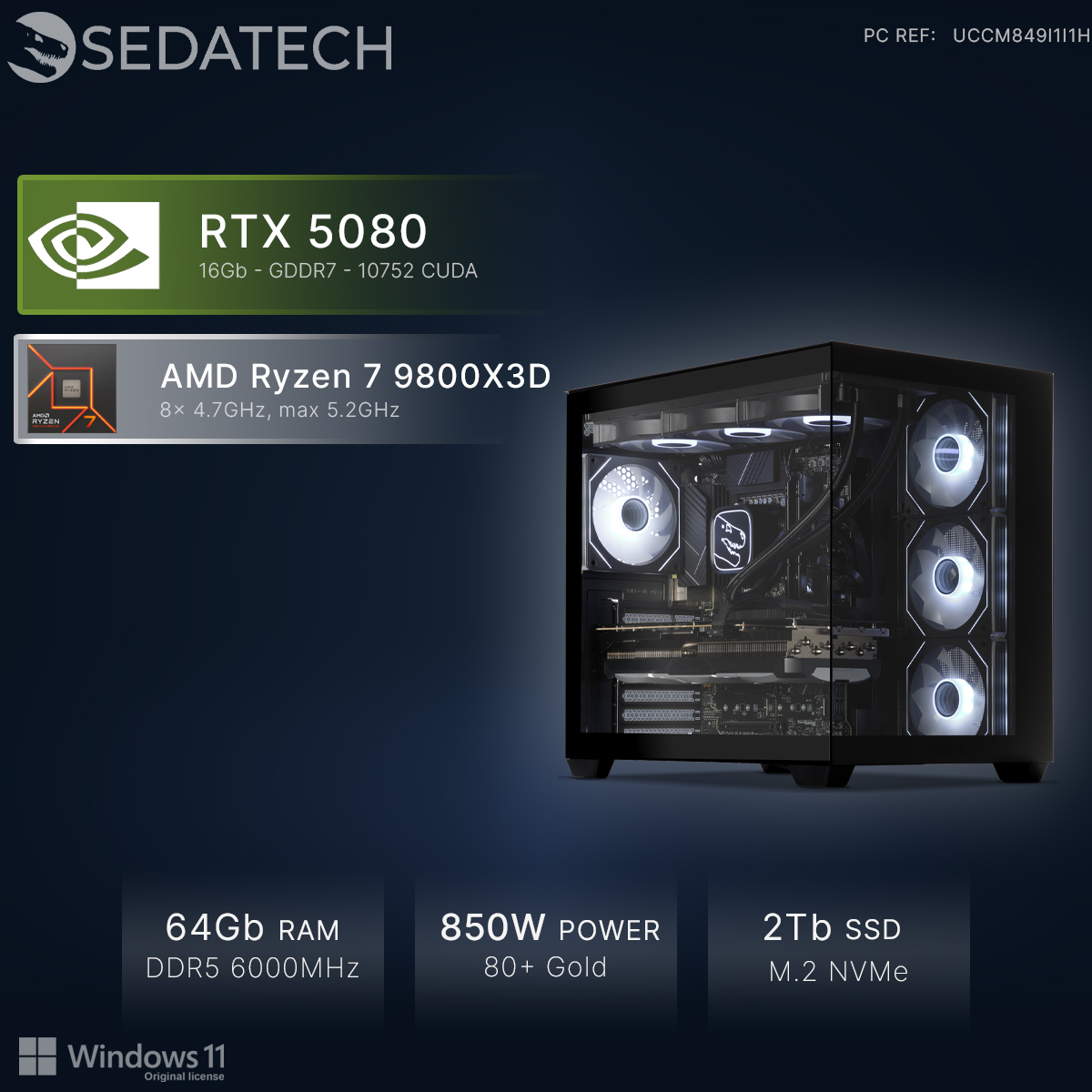 PC avec RTX 5080, Ryzen 7 9800X3D, 64 Go RAM, 2 To SSD.