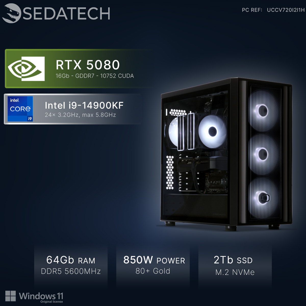 Ein Gaming-PC mit RTX 5080, Intel i9, 64GB RAM und 2TB SSD.