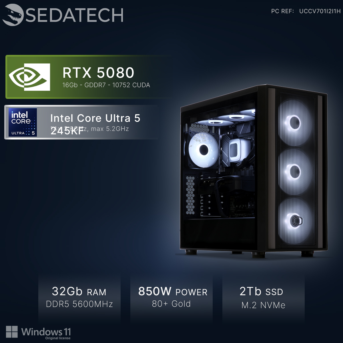 Un PC gamer moderne avec RTX 5080, Intel Core Ultra 5, 32 Go RAM.