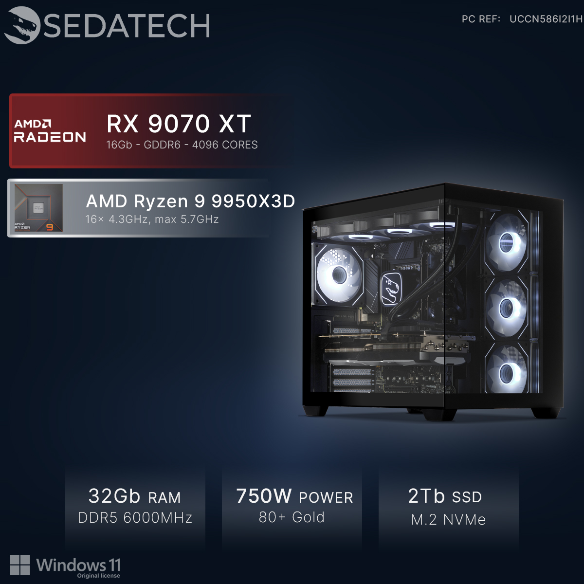 Ein Gaming-PC mit AMD Ryzen 9 9950X3D, RX 9070 XT, 32GB RAM, 2TB SSD, 750W.