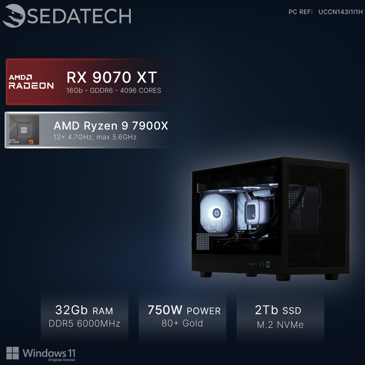 Un case PC nero con interno illuminato, componenti AMD e specifiche.