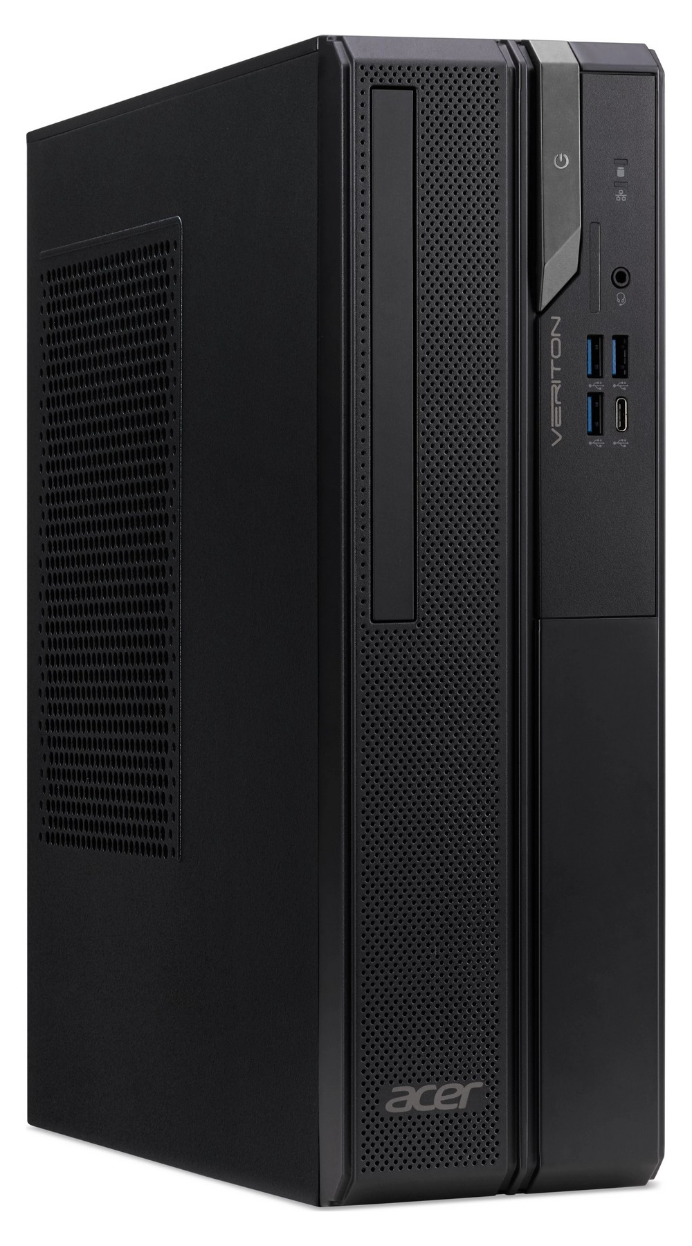 Tower PC Acer Veriton nero con porte USB e pulsante di accensione.