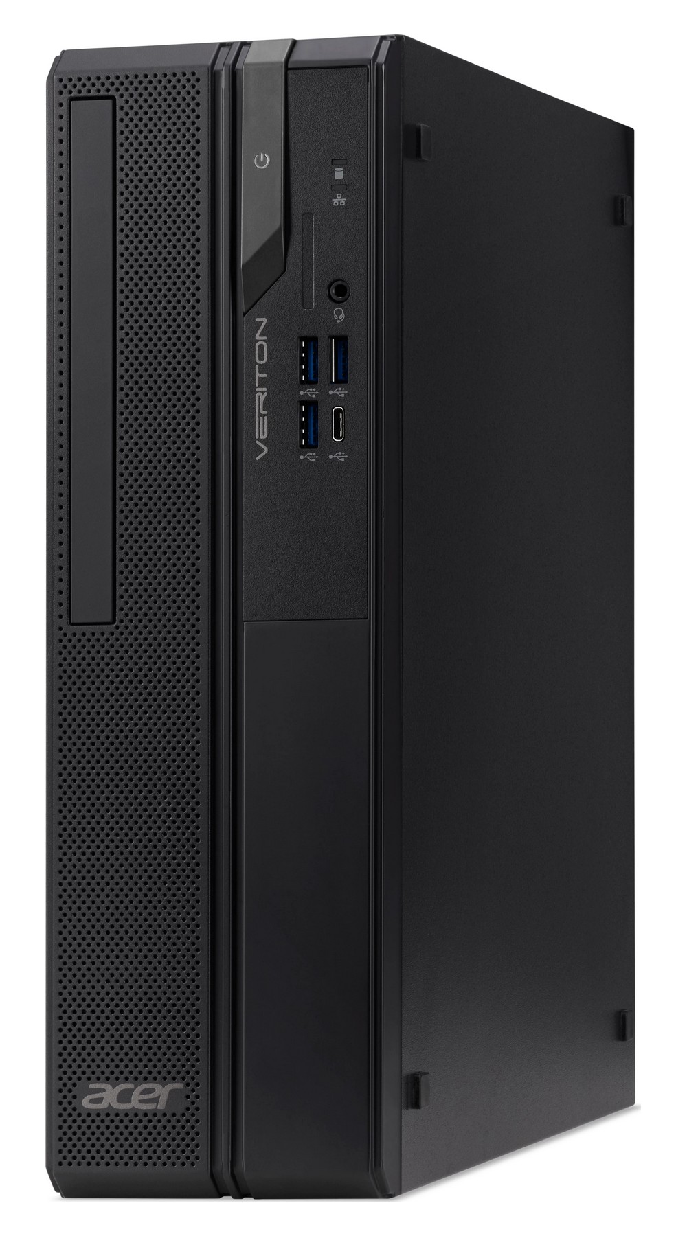 PC desktop Acer Veriton nero con porte frontali e griglia di ventilazione.