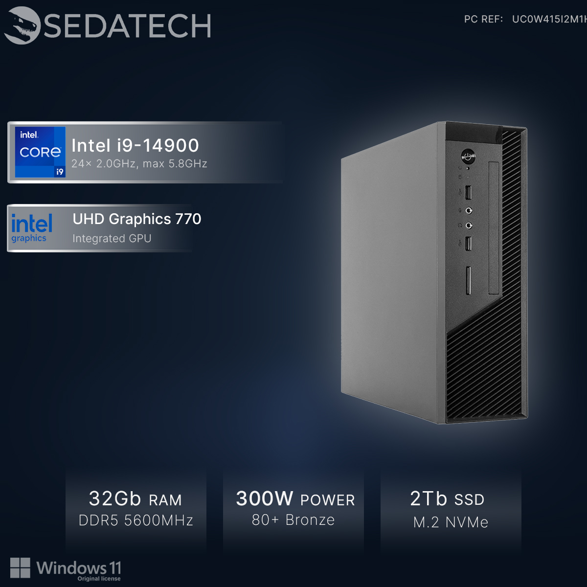 PC de sobremesa gris con Intel i9-14900, 32GB RAM, 2TB SSD. Windows 11.