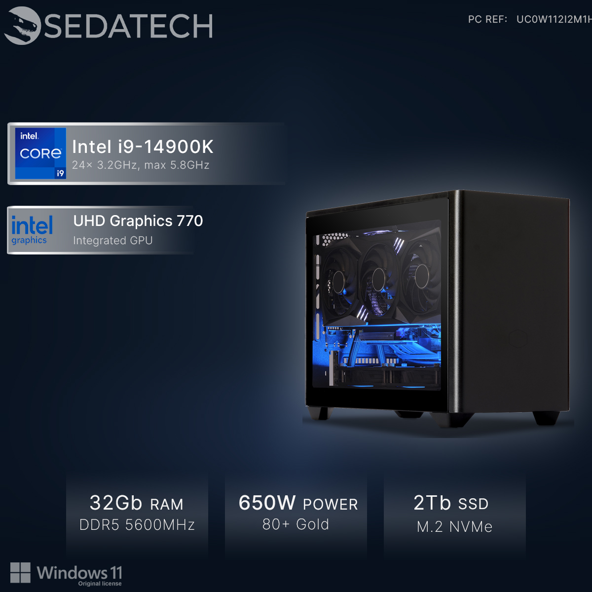 Un case PC nero con illuminazione interna blu, con Intel i9, 32GB RAM, 650W di potenza.