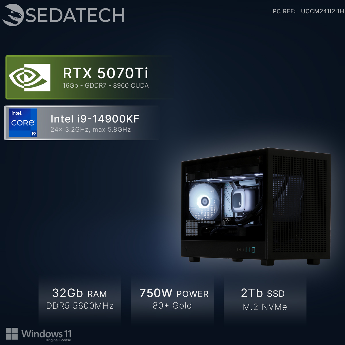 Czarny komputer z oświetleniem RGB. Specyfikacje: RTX 5070Ti, Intel i9, 32 GB RAM.