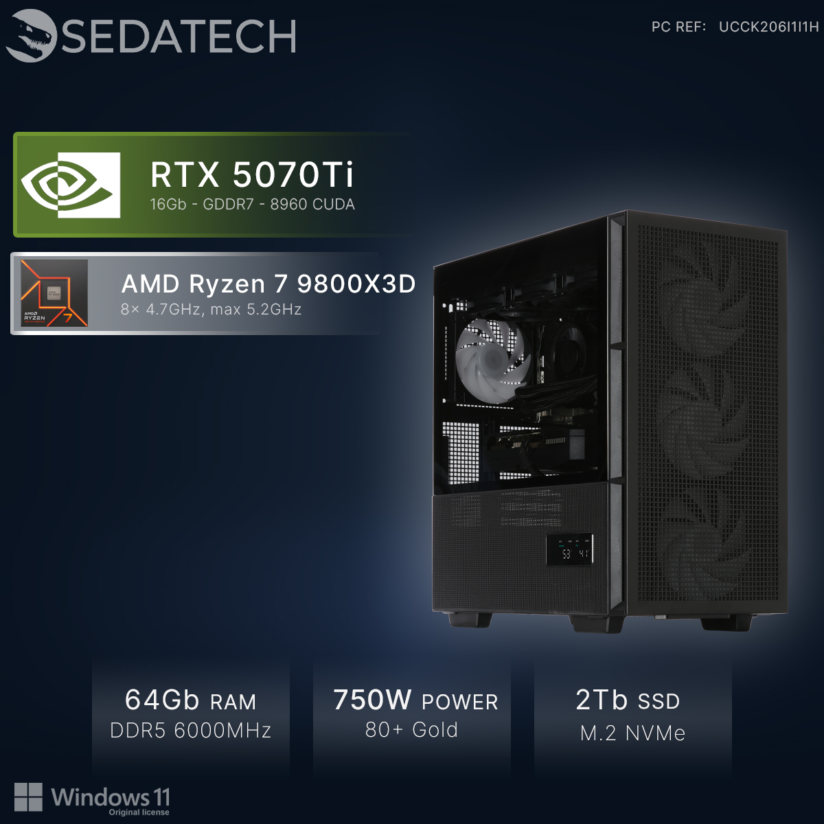 Un PC da gaming nero con RTX 5070Ti e processore AMD Ryzen 7.