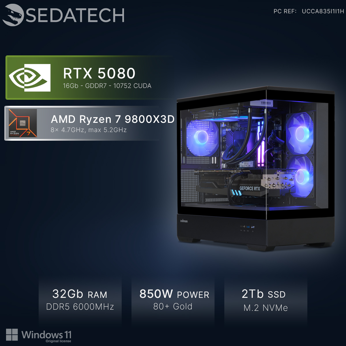 Gaming pc met RTX 5080, Ryzen 7 9800X3D, 32GB RAM, 850W voeding en 2TB SSD.