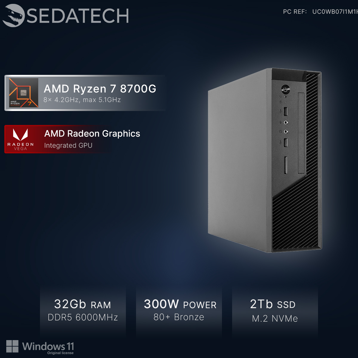 Ein grauer PC-Turm mit AMD Ryzen 7 8700G, 32GB RAM, 2TB SSD.