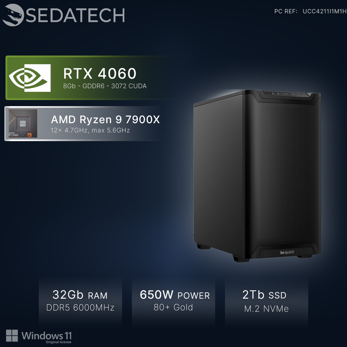 Ein schwarzer PC mit RTX 4060, Ryzen 9, 32GB RAM, 650W Netzteil und 2TB SSD.